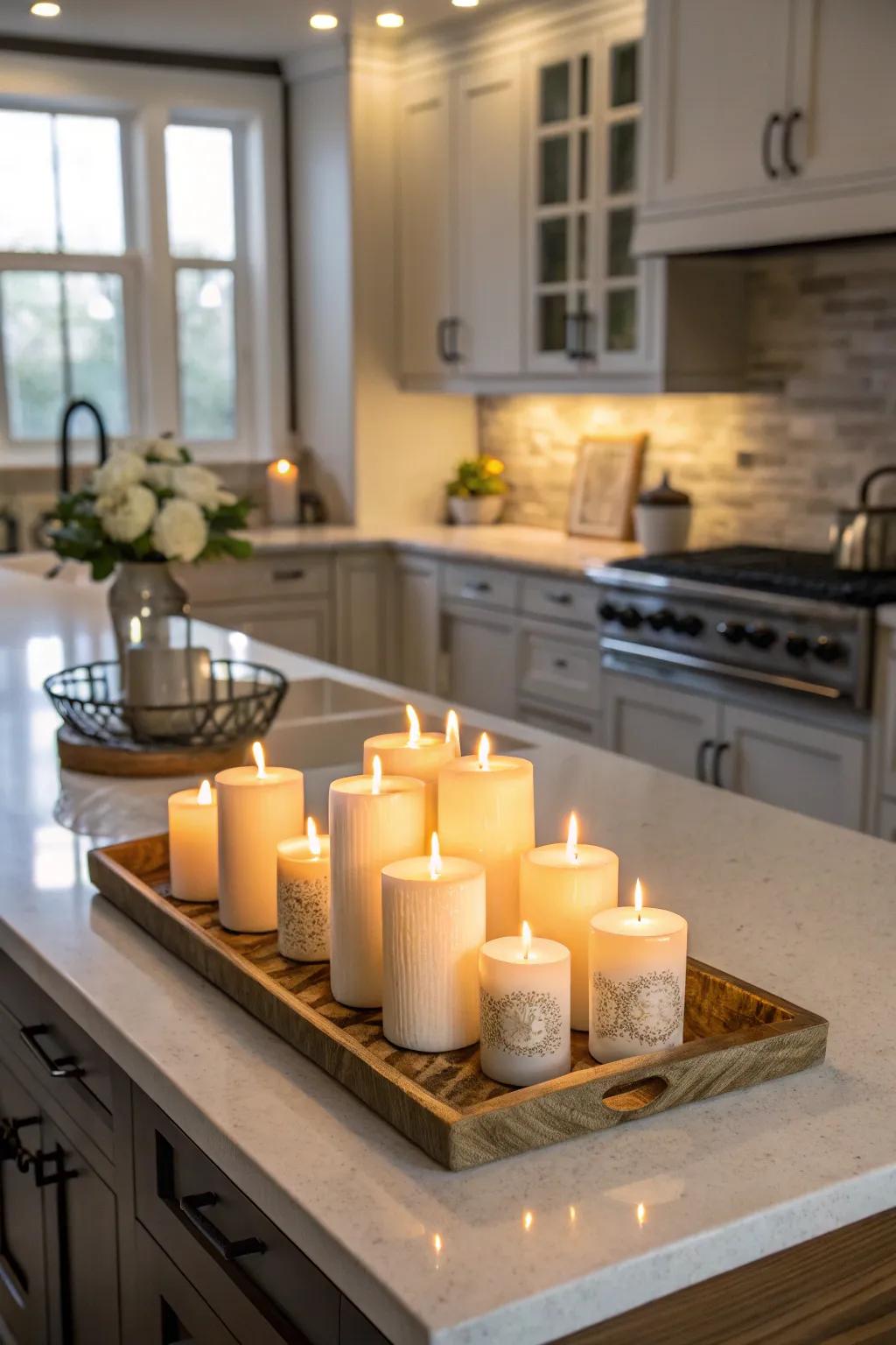 Candles add warmth and ambiance to the kitchen island.