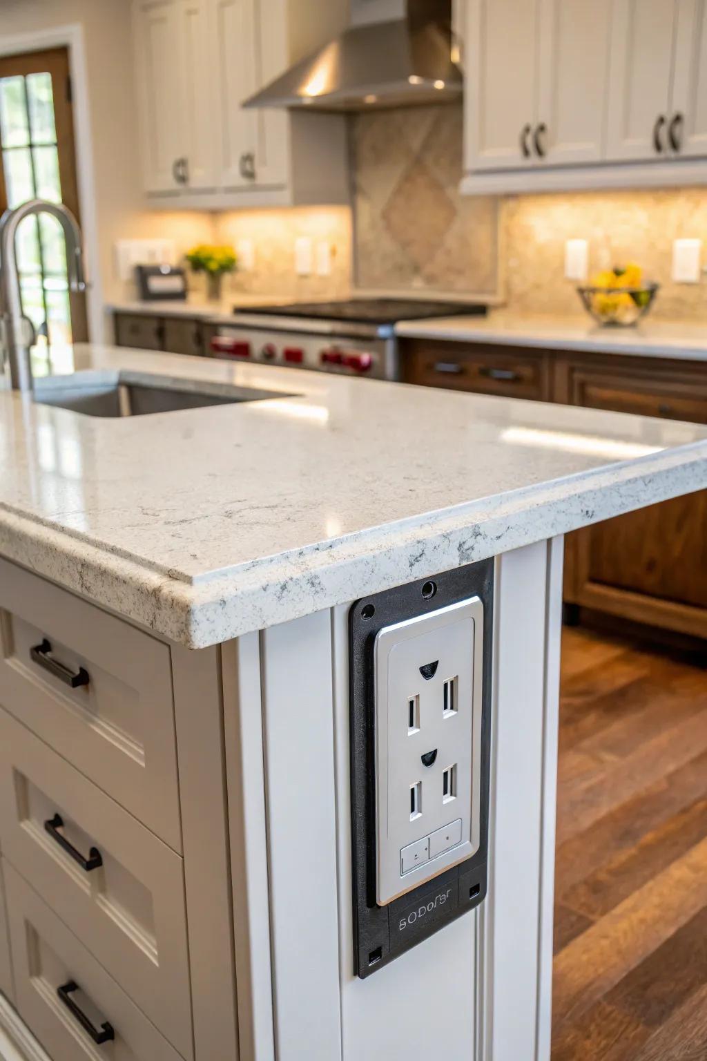 A push-to-open electric socket on the island provides convenient practicality.