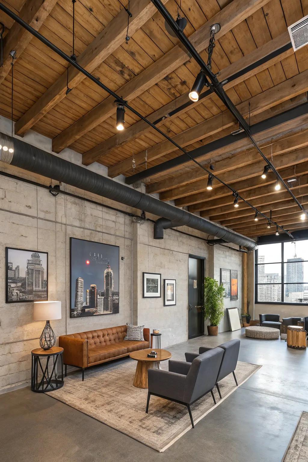 An industrial-style room where knotty pine ceilings meet metal elements.