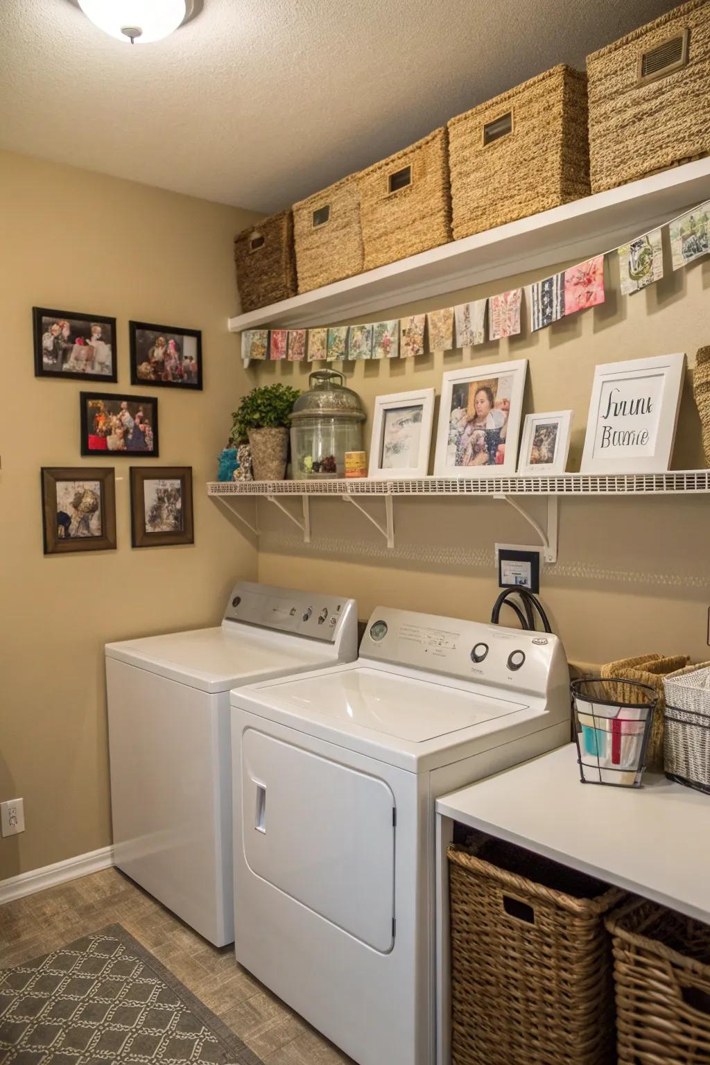 Custom labels and family photos add a personal touch to the laundry room.