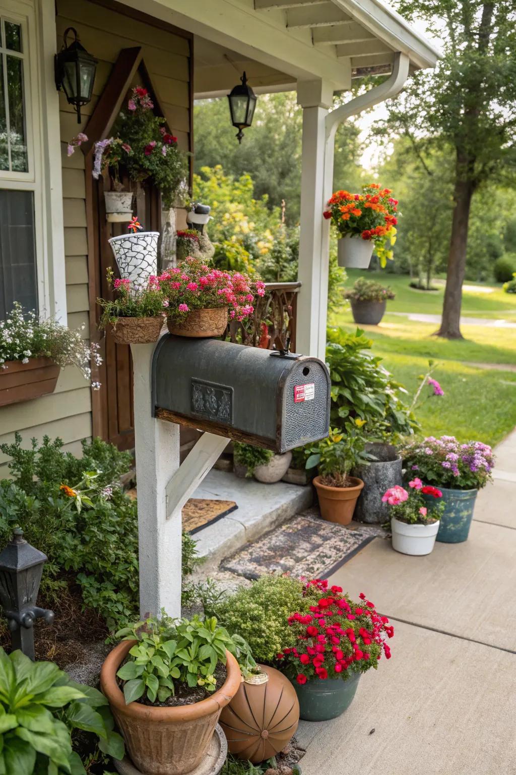 An eclectic mix of elements makes for a unique and personalized mailbox garden.