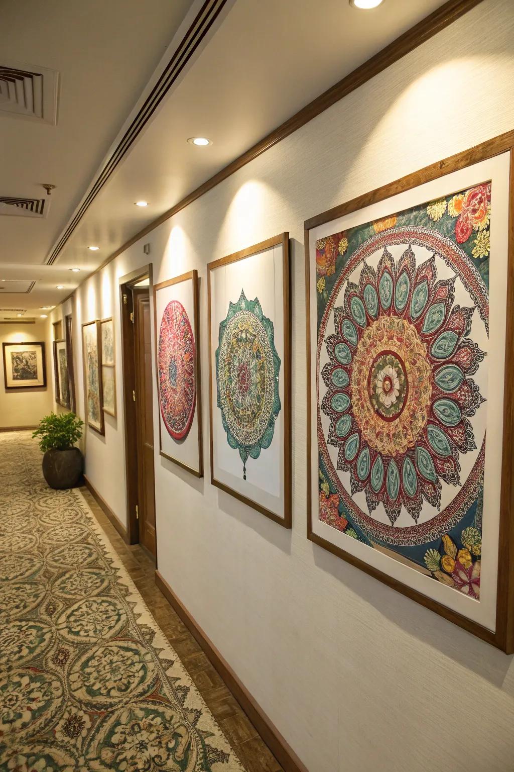 Mandala embroidery art adding handcrafted charm to a hallway.