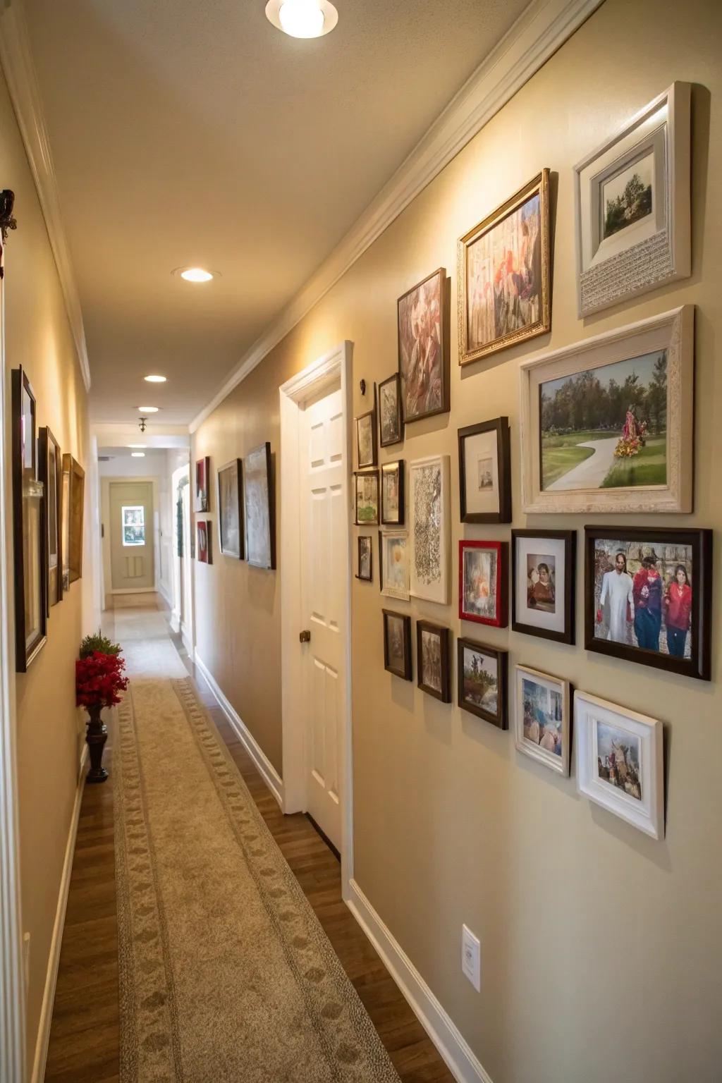 A gallery wall personalizes the hallway with cherished memories.