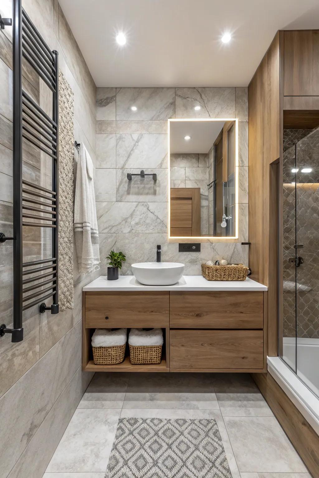 An assorted collection of feel adds depth to the subdued bathroom.
