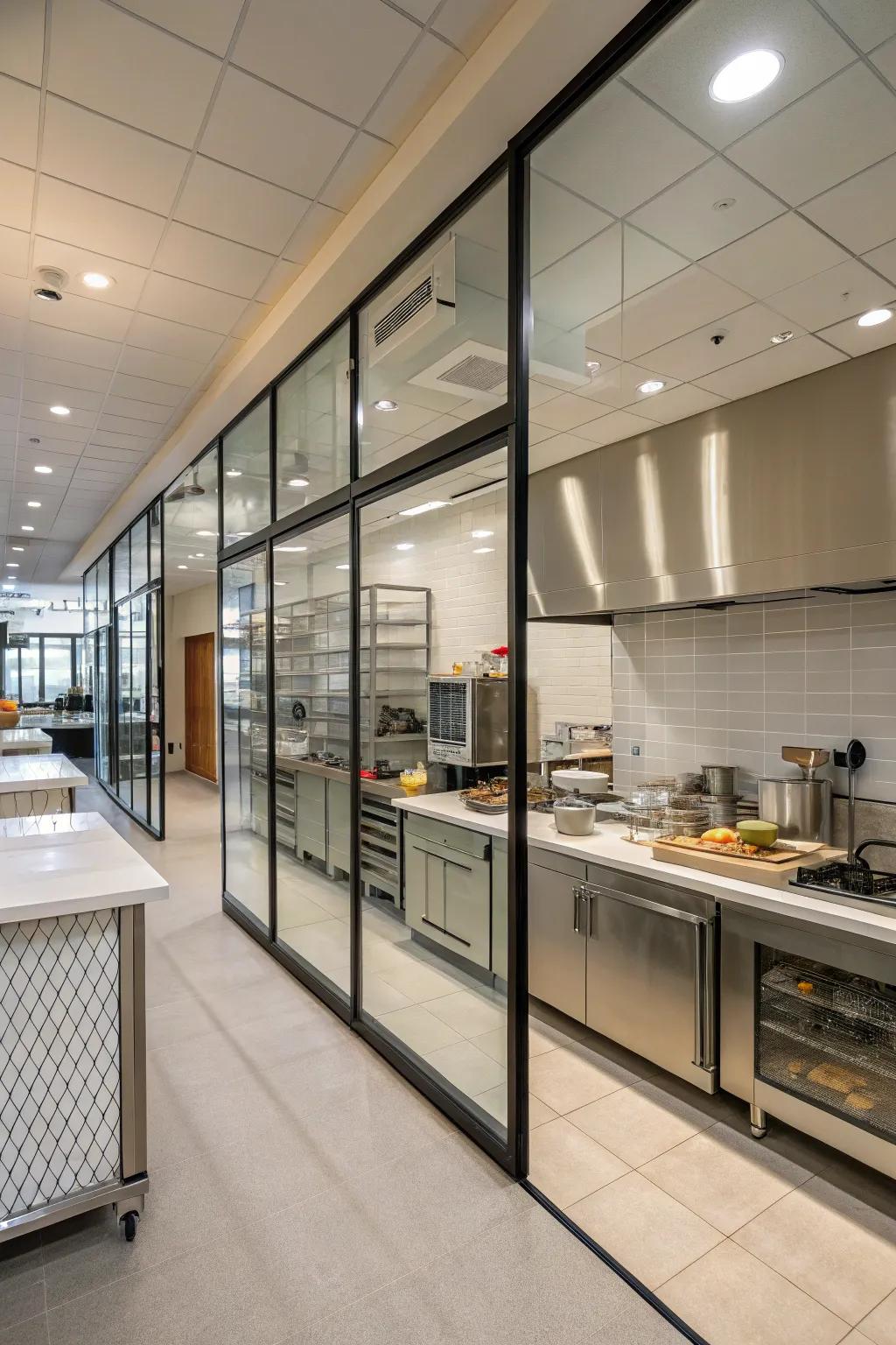 Glass partitions maintain openness while offering subtle separation.