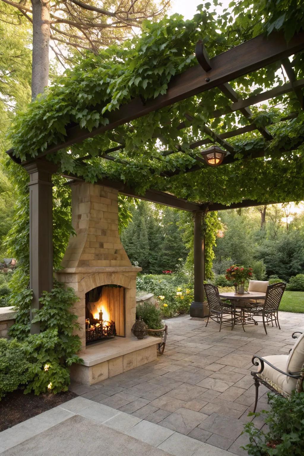 With a pergola over your outdoor fireplace, you can add shade and charm.