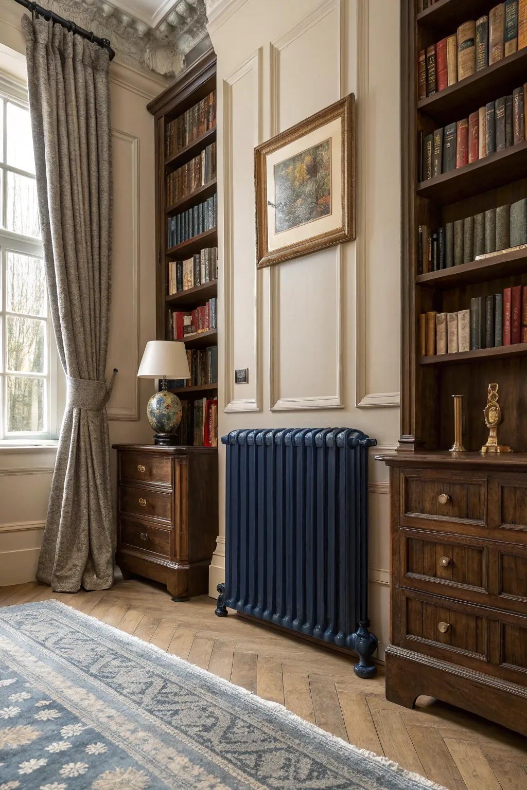 Navy radiators offer timeless sophistication.