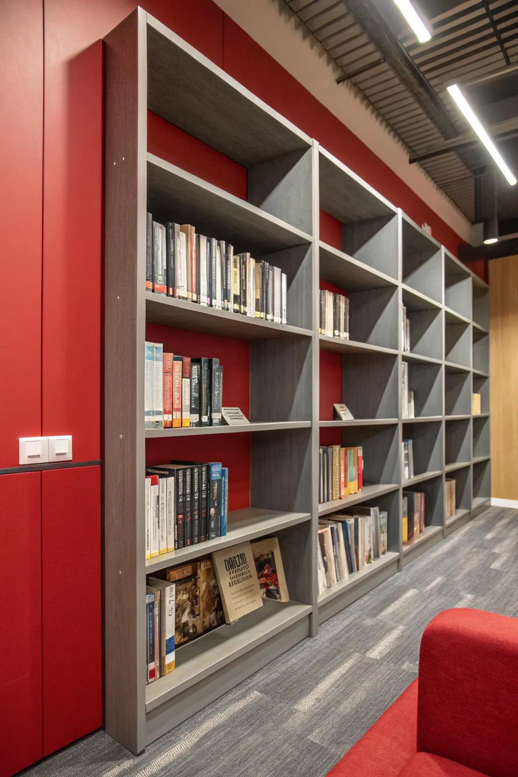 Bookshelves with red backing and grey shelves make a bold statement.