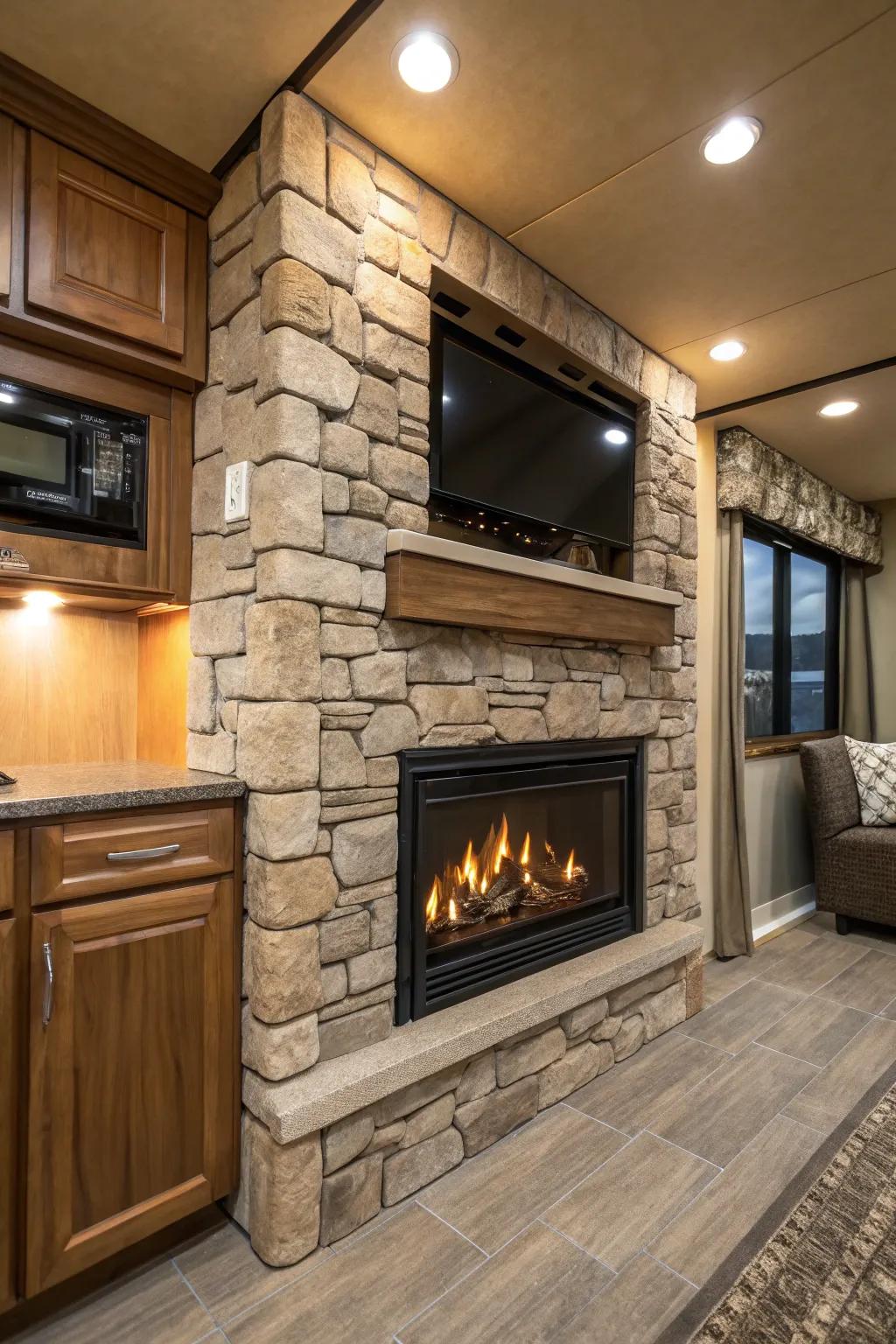 Stone embellishments inject rustic texture and warmth.