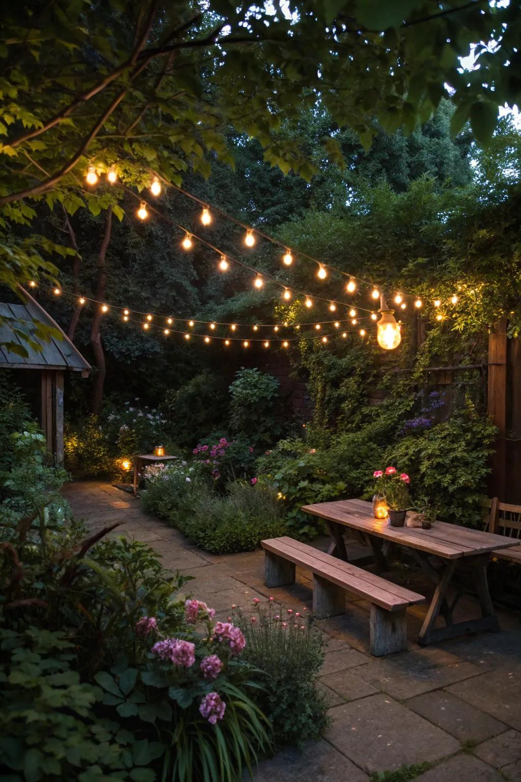 String lights add charm and warmth to garden spaces.