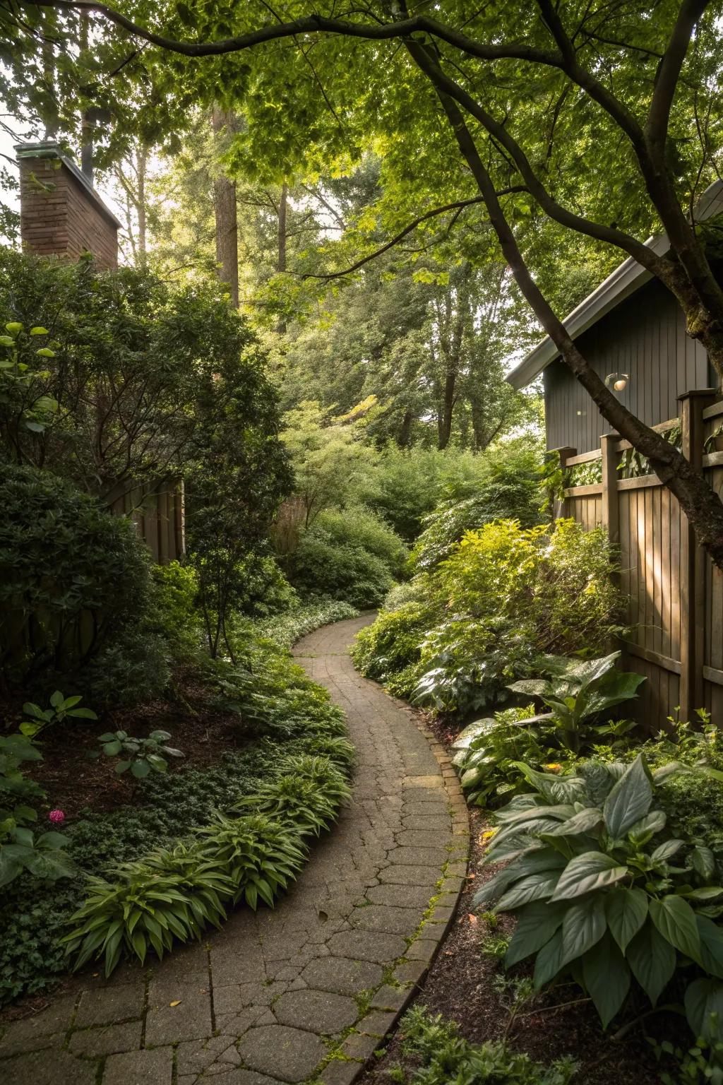 A secret garden path adds whimsy and intrigue.