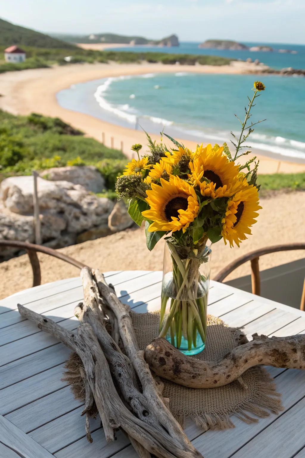 Driftwood adds a coastal touch to a sunflower centerpiece.