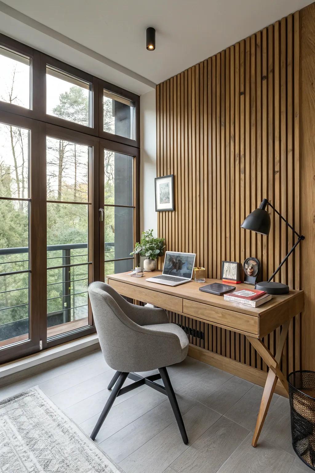 A home office featuring a wood slat wall that enhances the workspace.