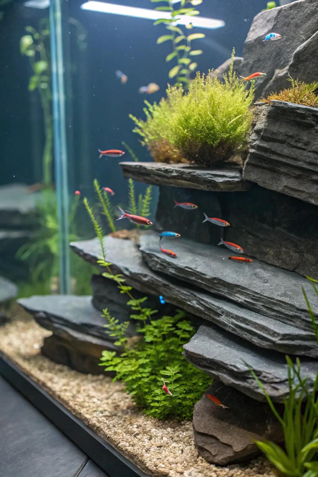 Hidden stone shelves create an element of surprise.