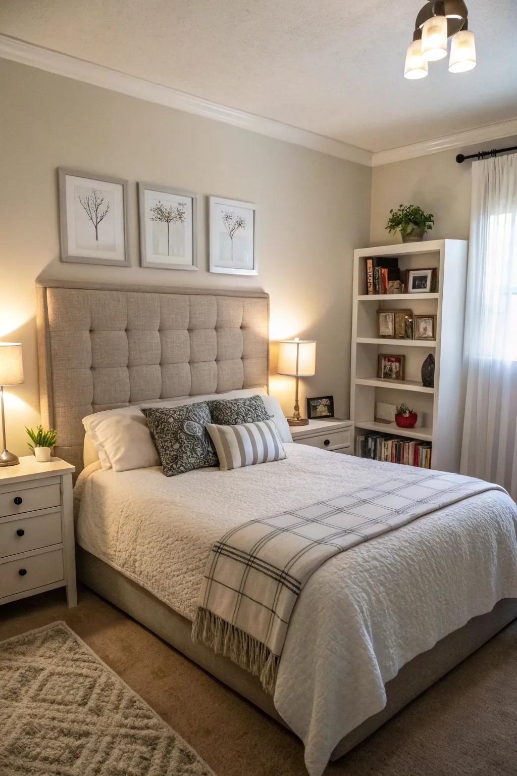 A small bedroom with an extended headboard for a wider appearance.