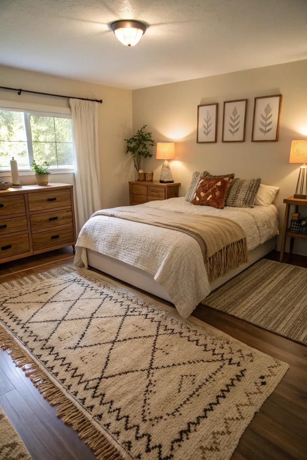 Layered rugs add texture in a small master bedroom.