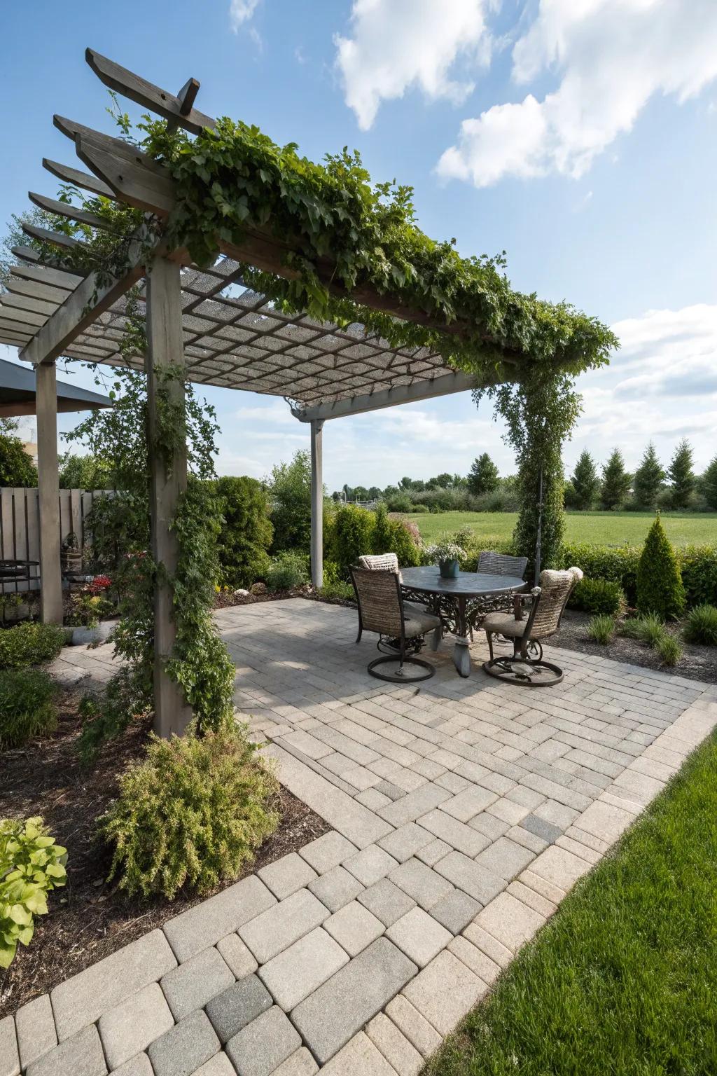 A luxurious pergola enhances the small patio experience.