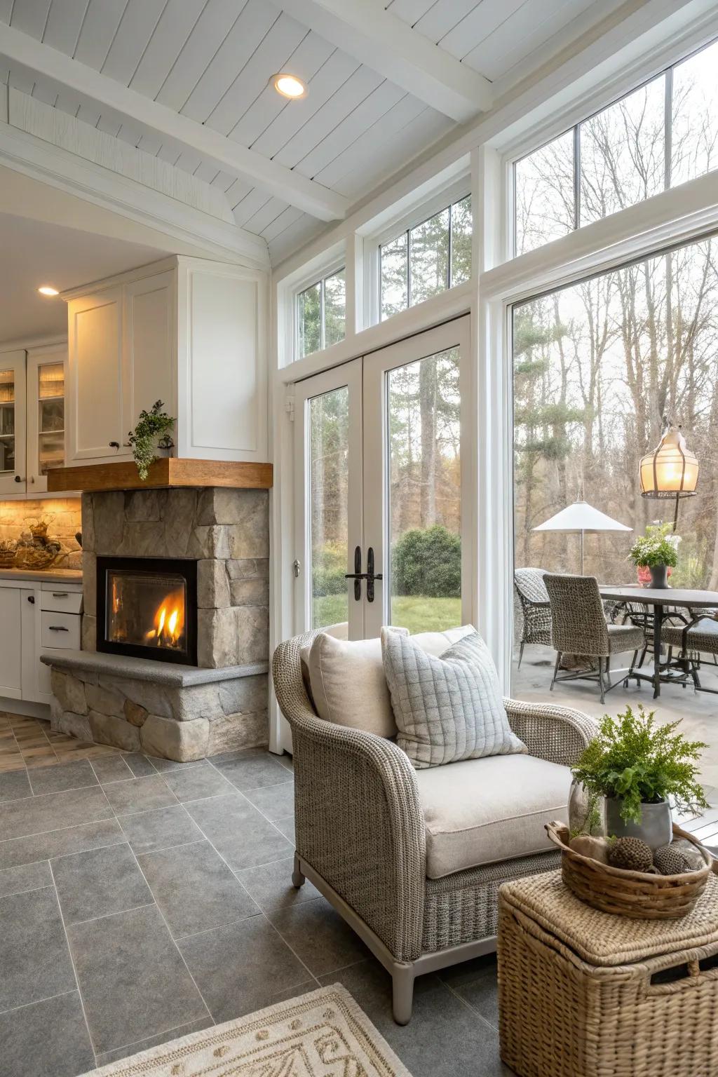 A fireplace adds warmth and a cozy atmosphere.