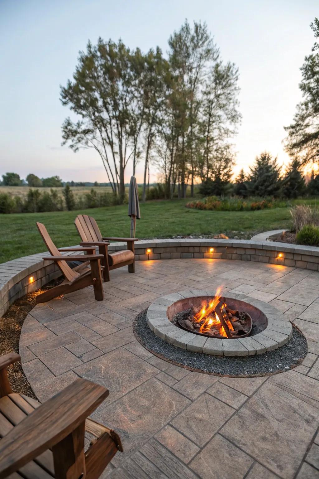 Cozy fire pit area with timber-look stamped concrete border