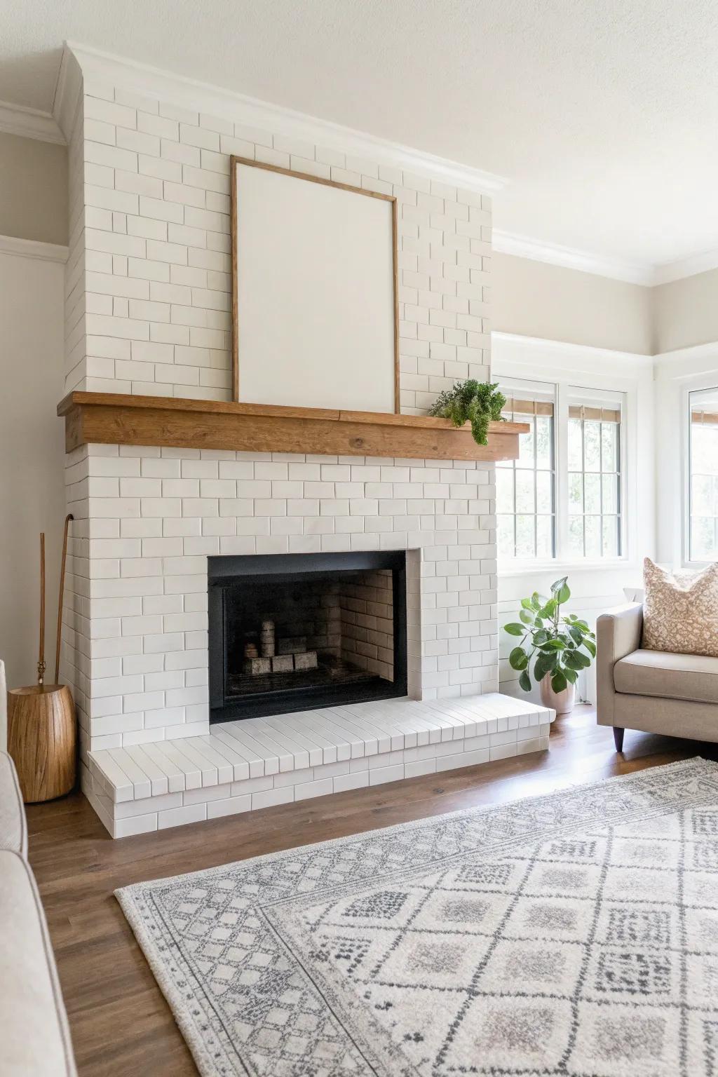 Simple lines and neutral tones bring minimalist elegance to this fireplace.