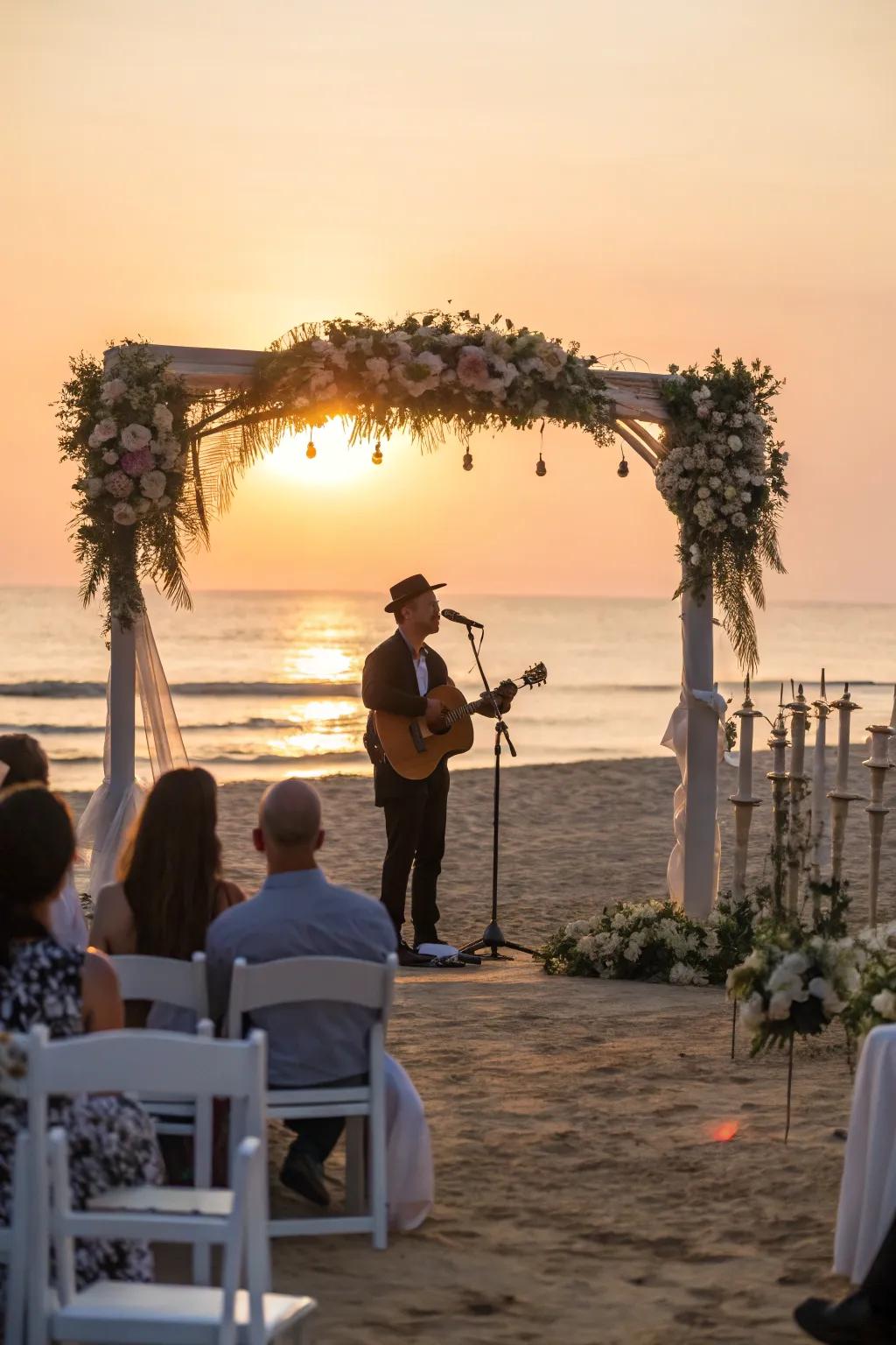 A guitarist providing live music at a sunset wedding.