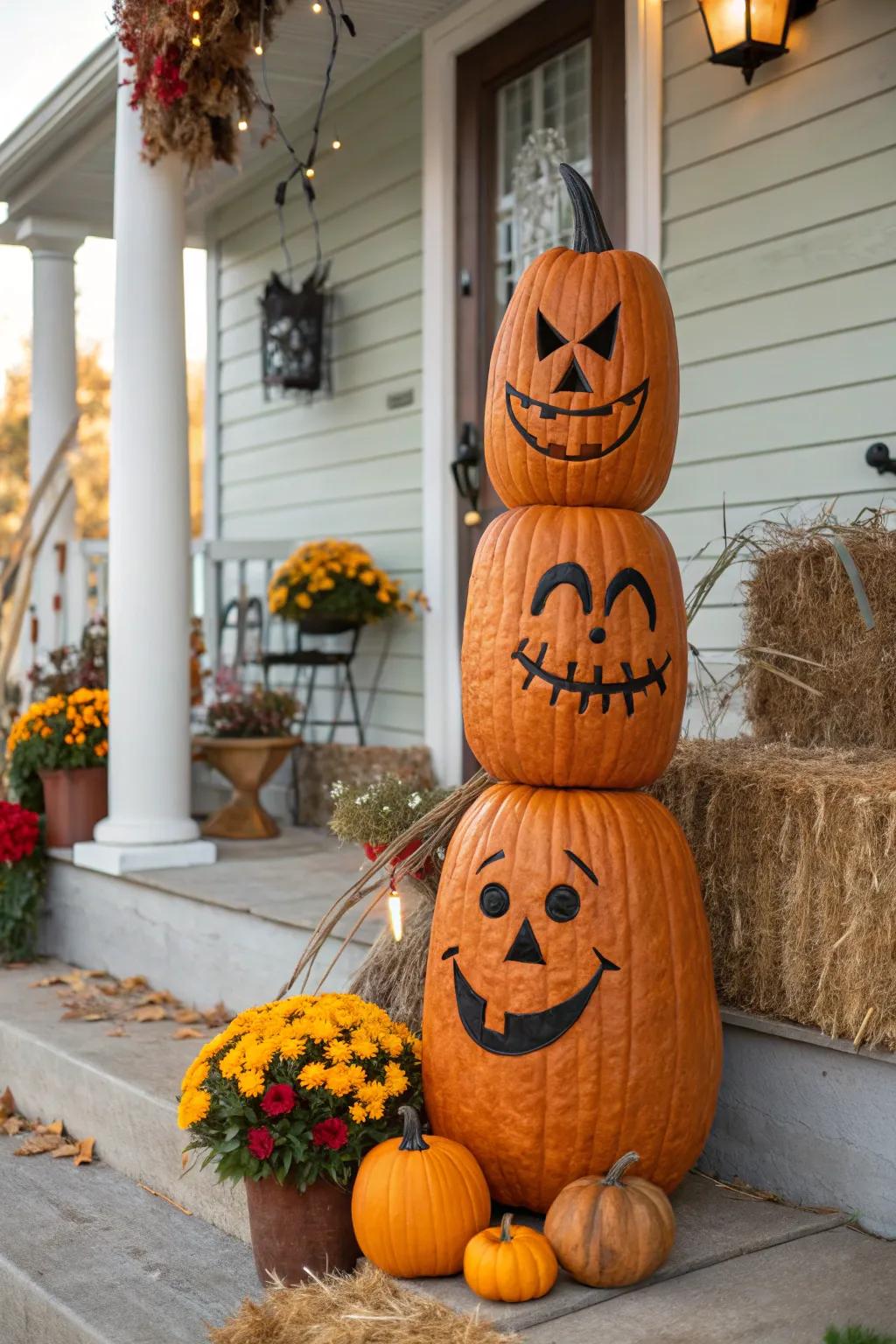 Showcase a range of emotions with a threesome of expressive faces on one pumpkin.