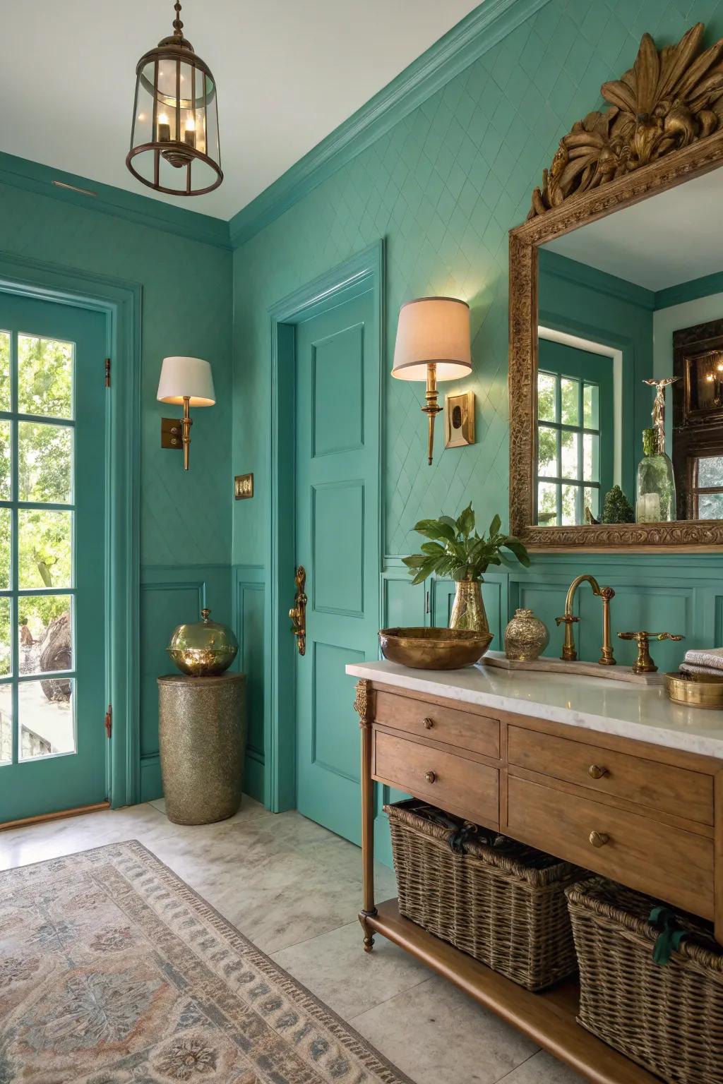 Vintage charm with teal walls and brass accents.