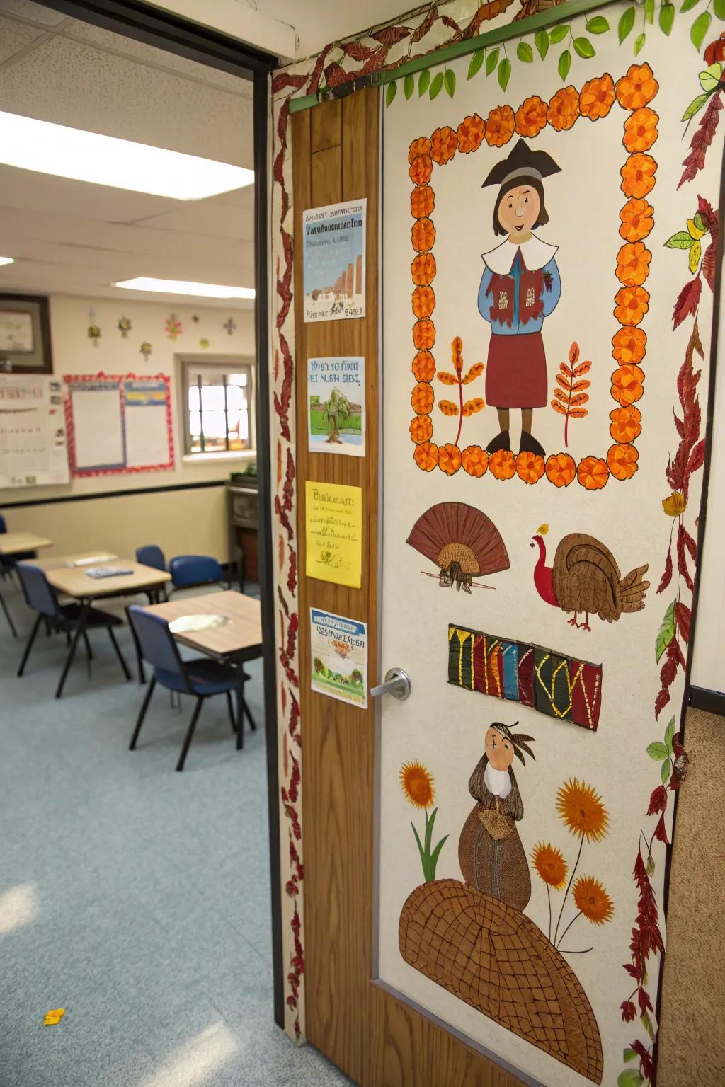 A historical Thanksgiving door display combining education and art.