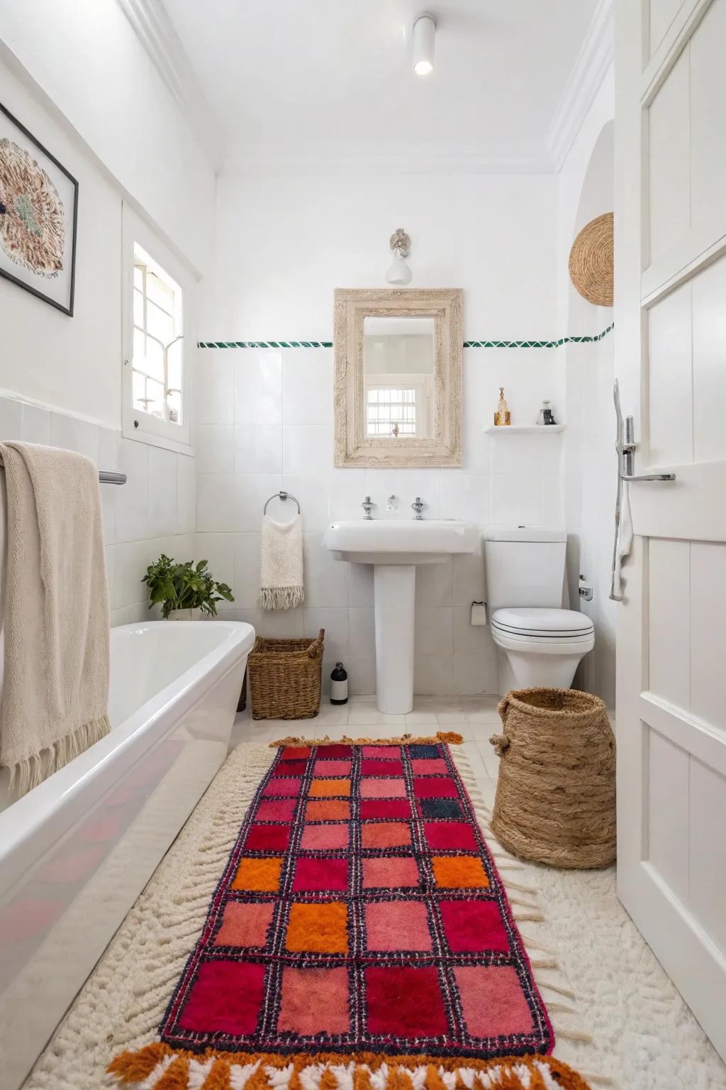 A white bathroom transformed by a daring floor covering that adds color and pattern.