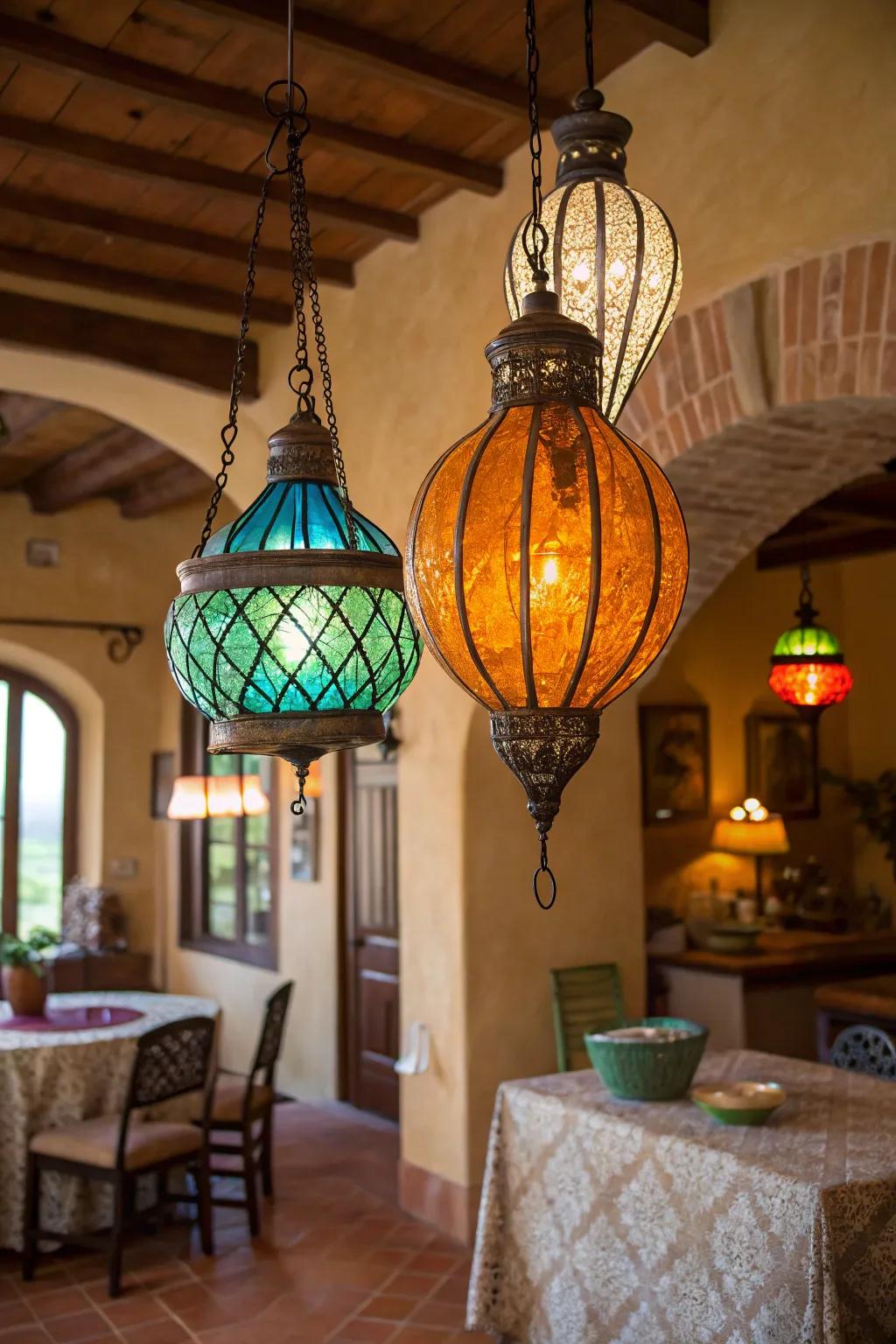 Colorful glass fixtures enliven Mediterranean decor.