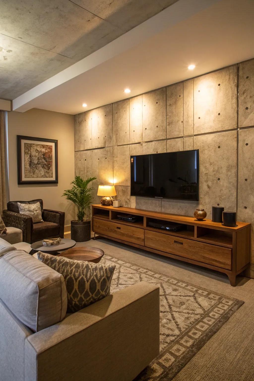 An industrial-style TV wall with concrete finishes.