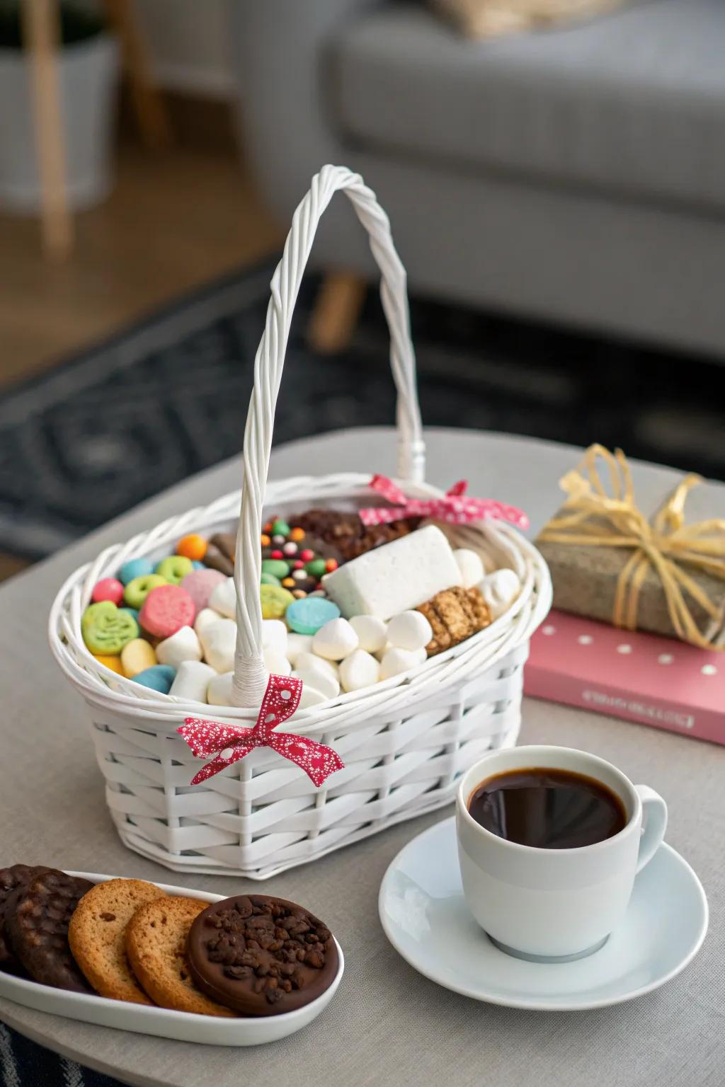 A sweet tooth surprise white gift basket for indulgent treats.