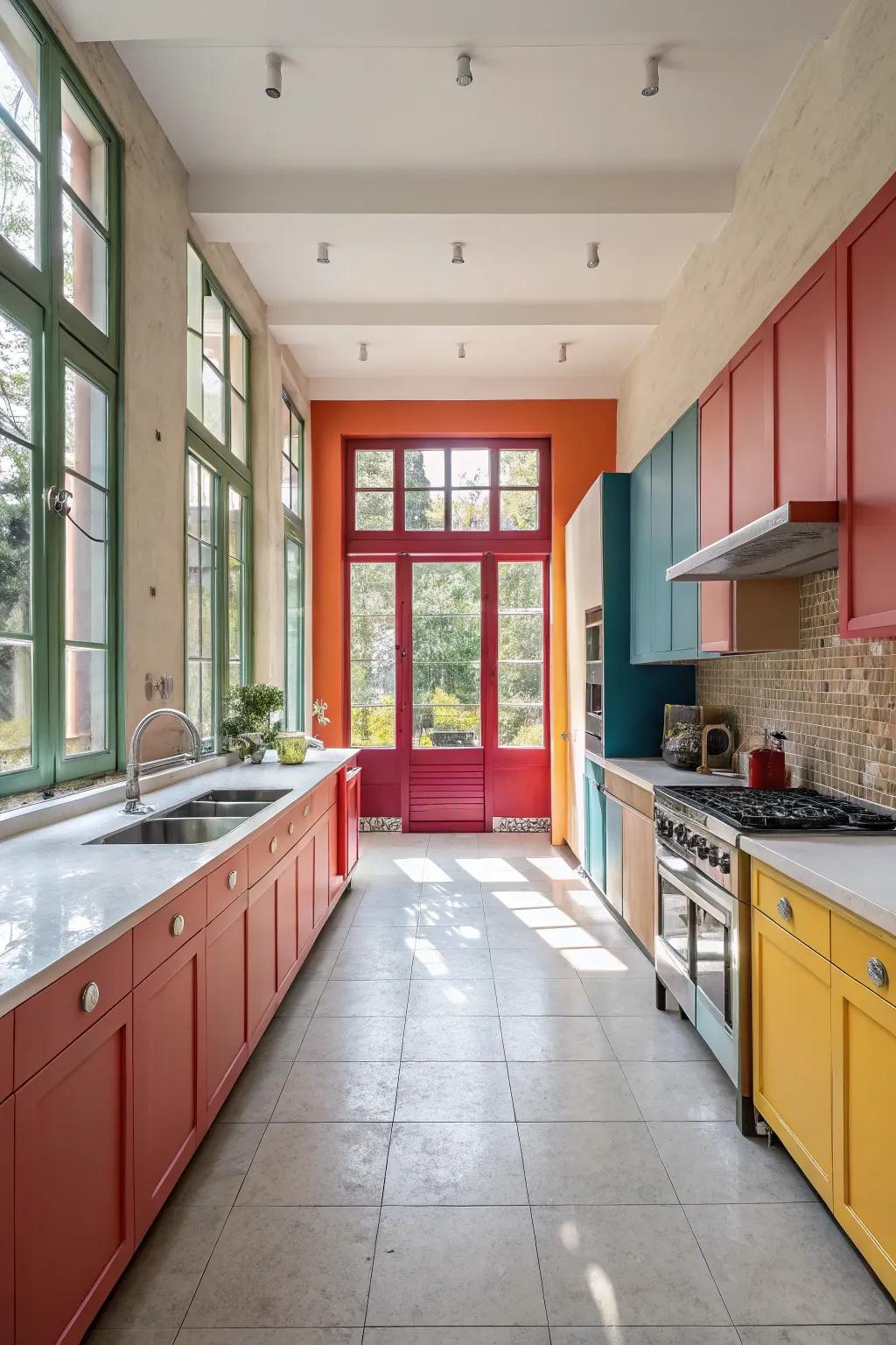 Vibrant hues fashioning a spirited setting in a broad galley kitchen.