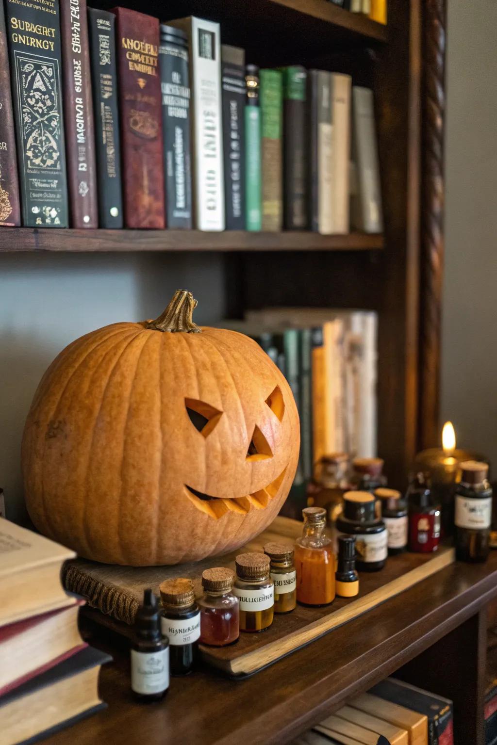 Pumpkin surrounded by enchanting potion bottles.