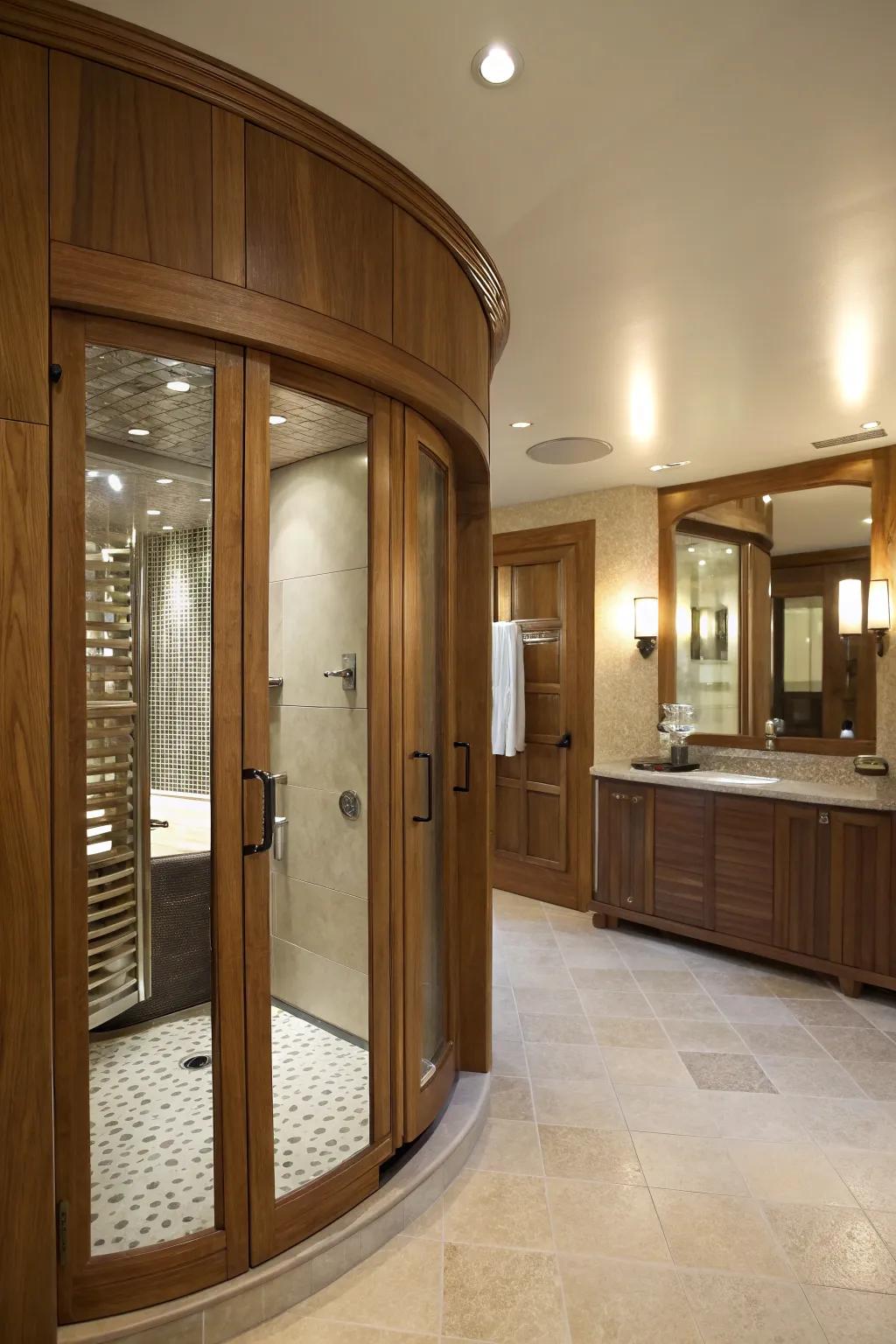 Rounded wood doors add a soft and elegant touch to any bathroom.