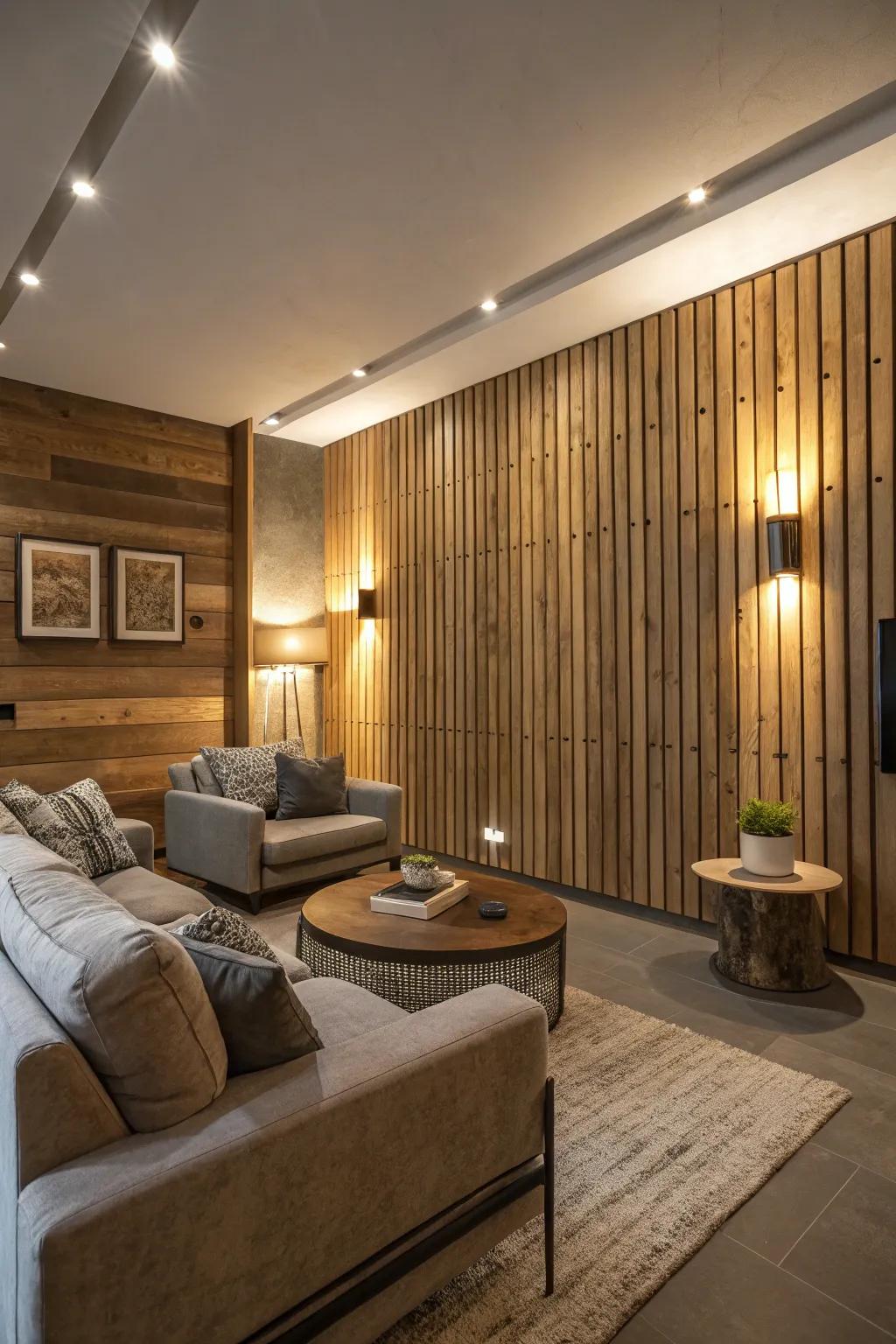 Create ambiance with integrated lighting in wood slat walls.