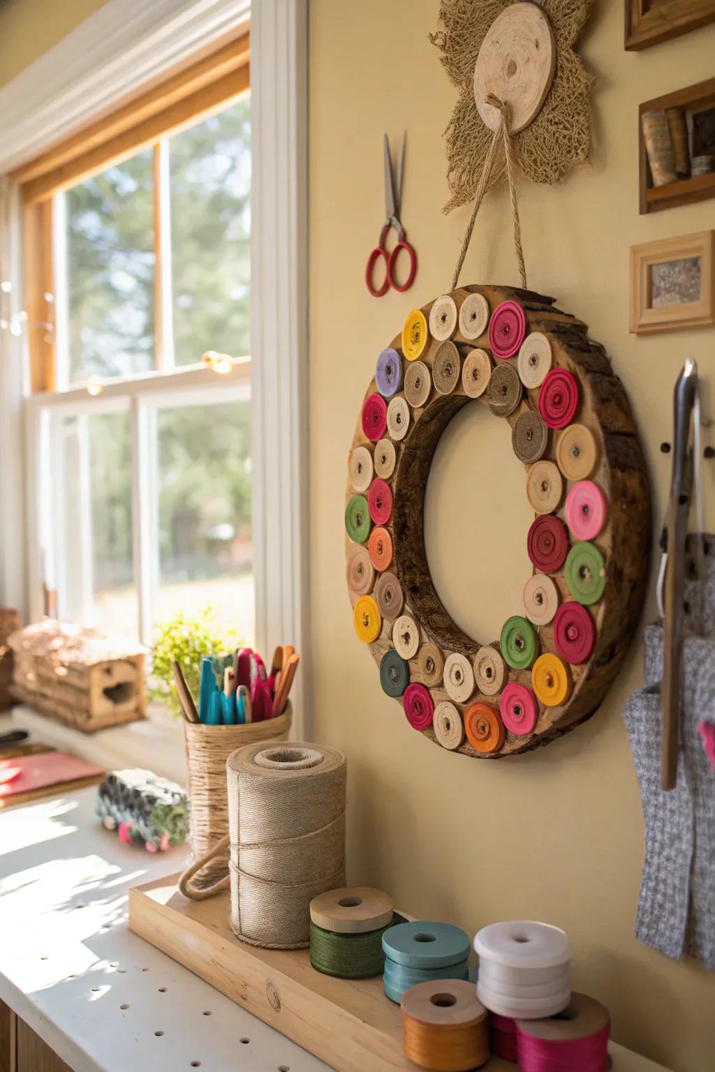 Wooden circle wreath accented with buttons for a playful touch.