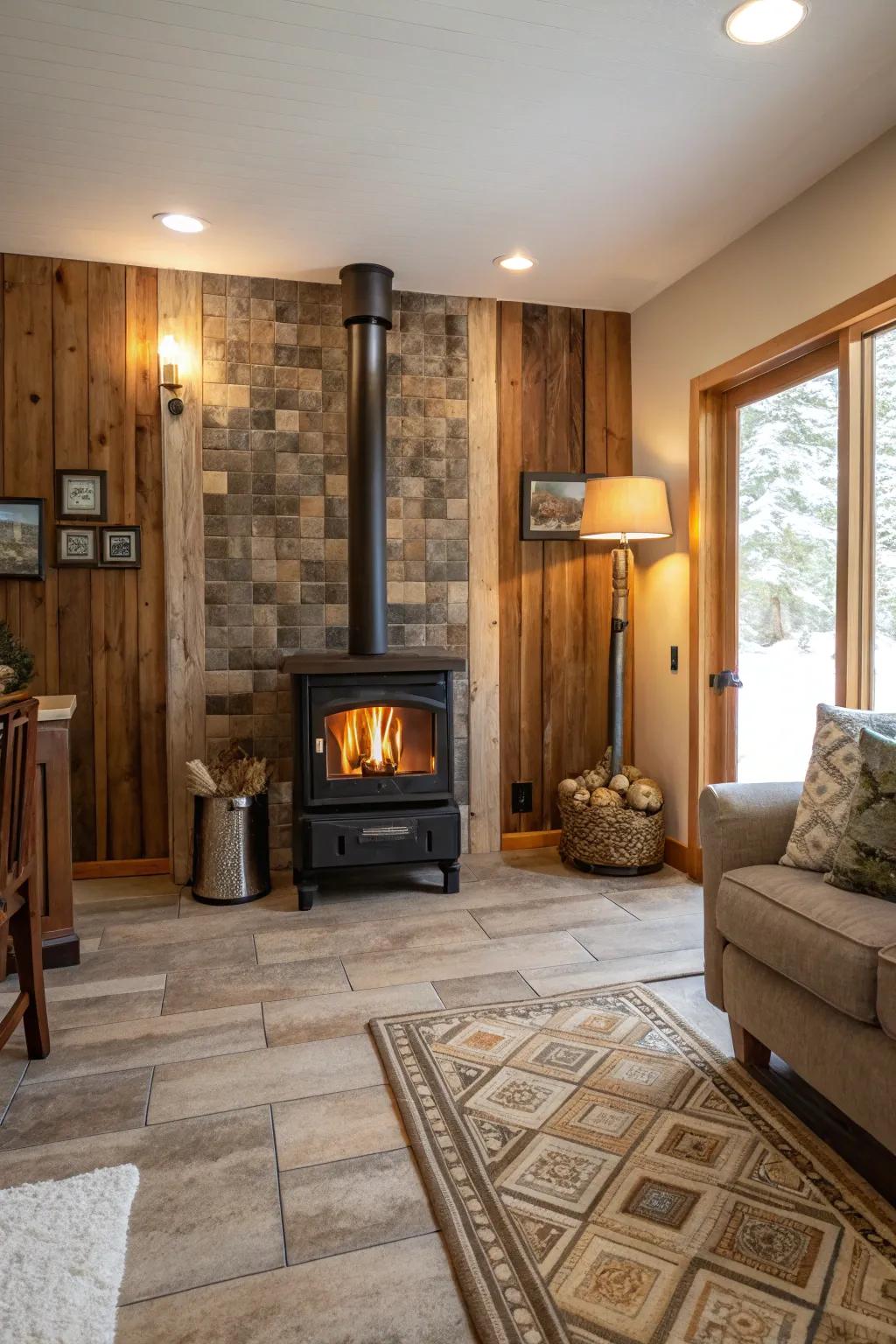 Wood-effect tiles offer a comfortable and inviting appearance for your wood heater surround.