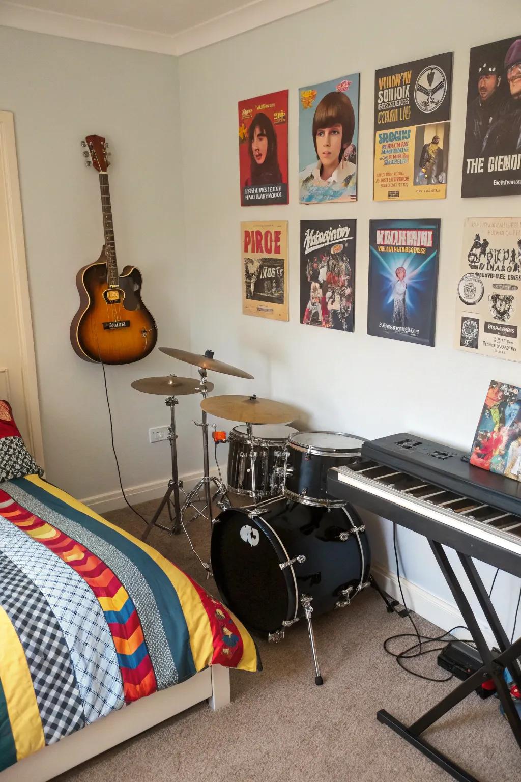 Musical instruments add an artistic and personalized touch to the room.