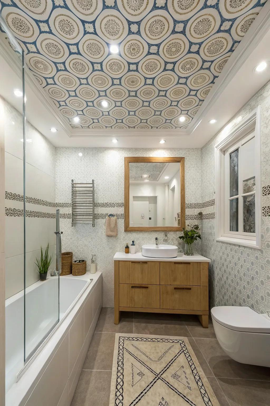 Creative ceiling designs introducing height and interest to the bathroom.