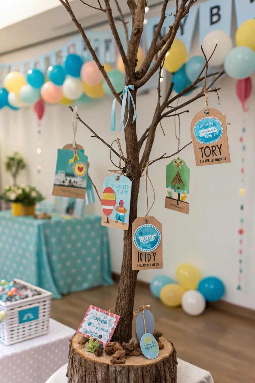 A travel memory tree with destination tags hanging.