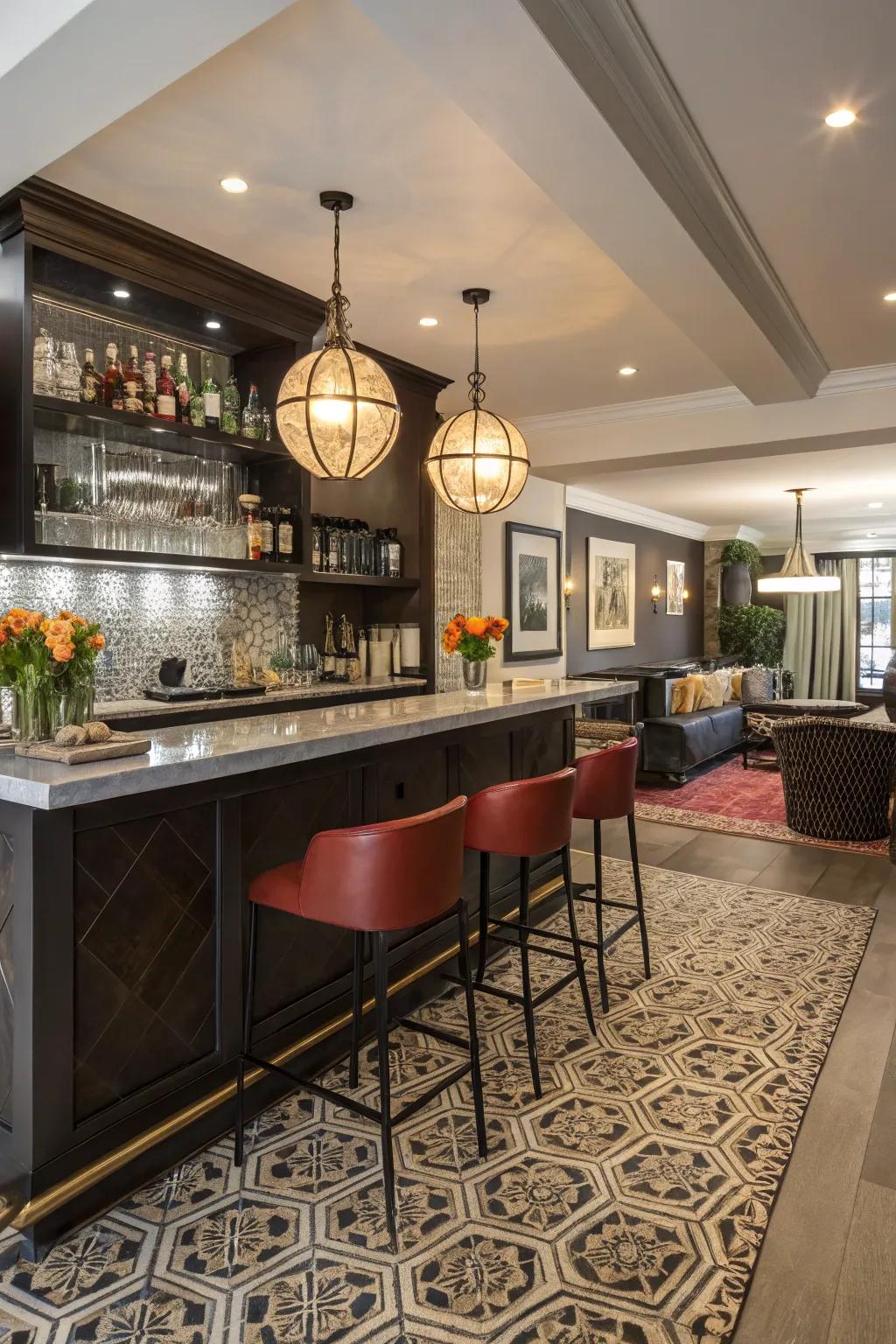 Striking flooring patterns make a strong statement in your bar.