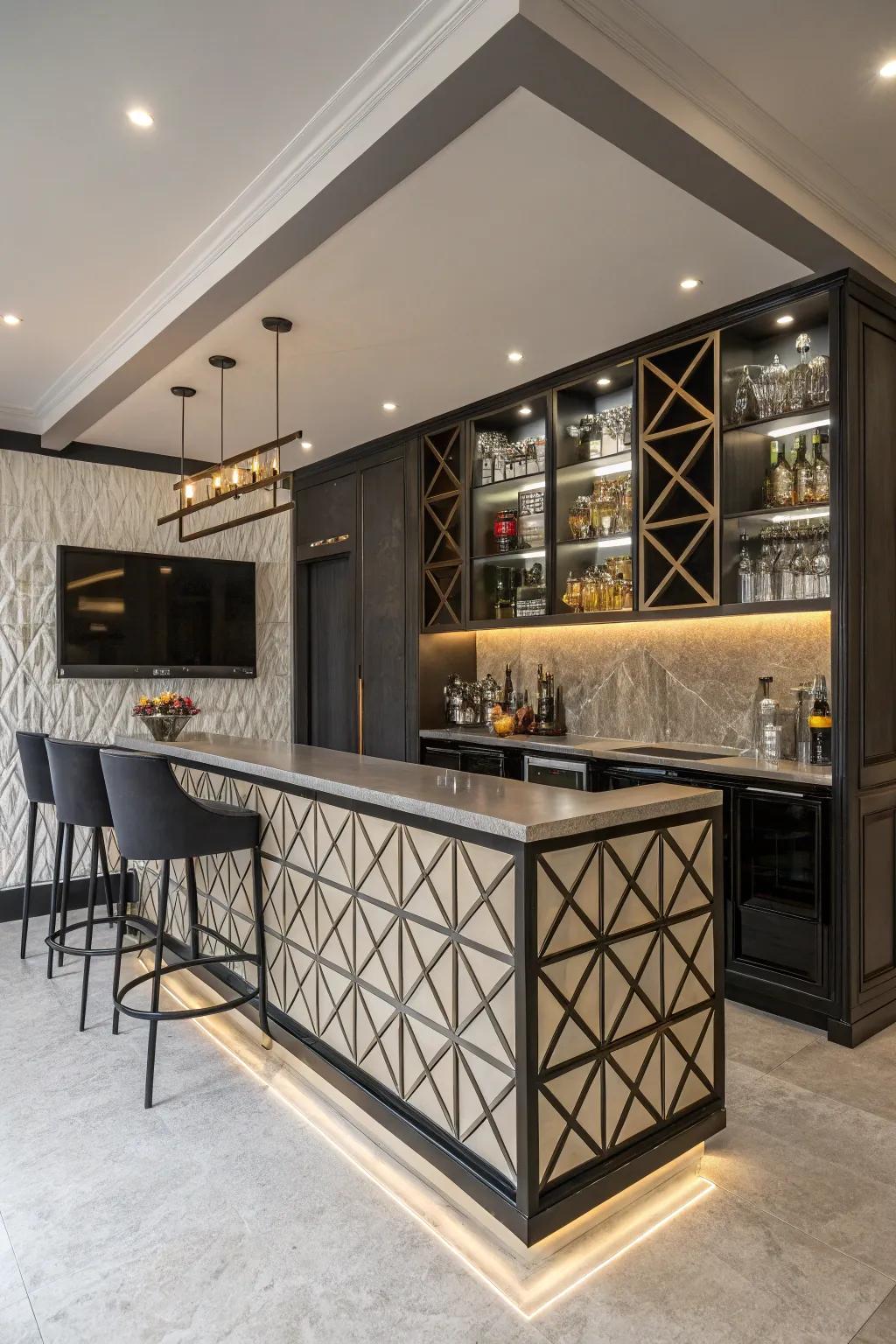 Geometric patterns inject a modern twist into your bar space.