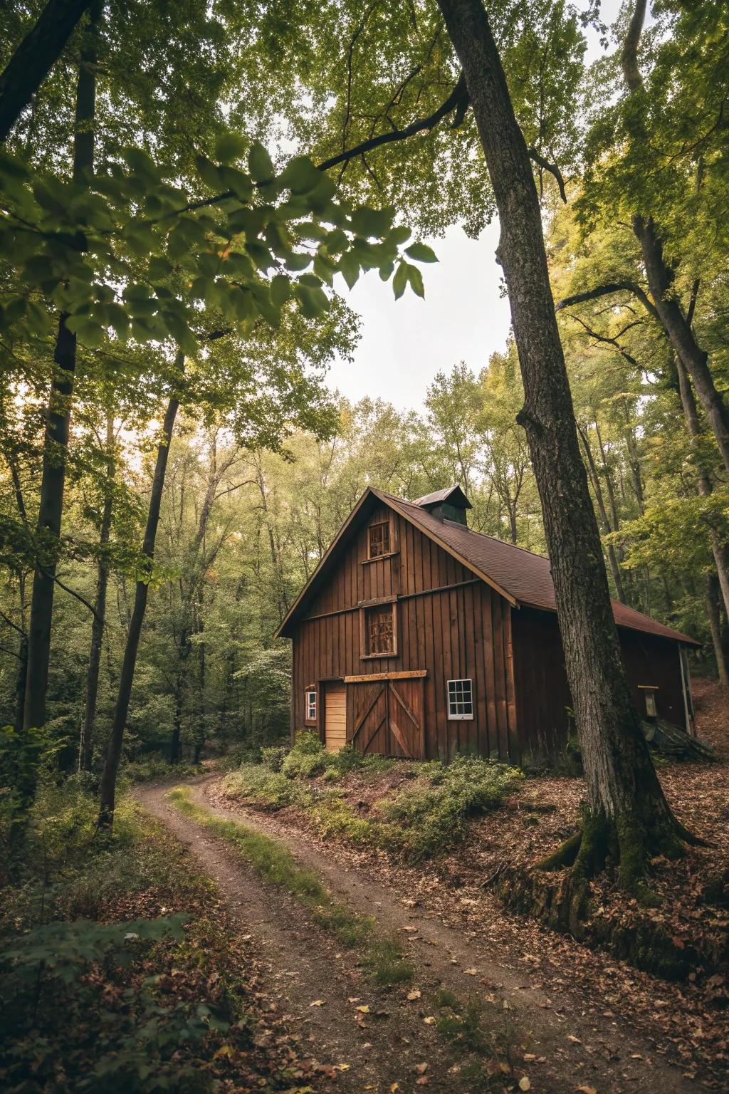 A nature-inspired brown barn that blends seamlessly with the forest backdrop.