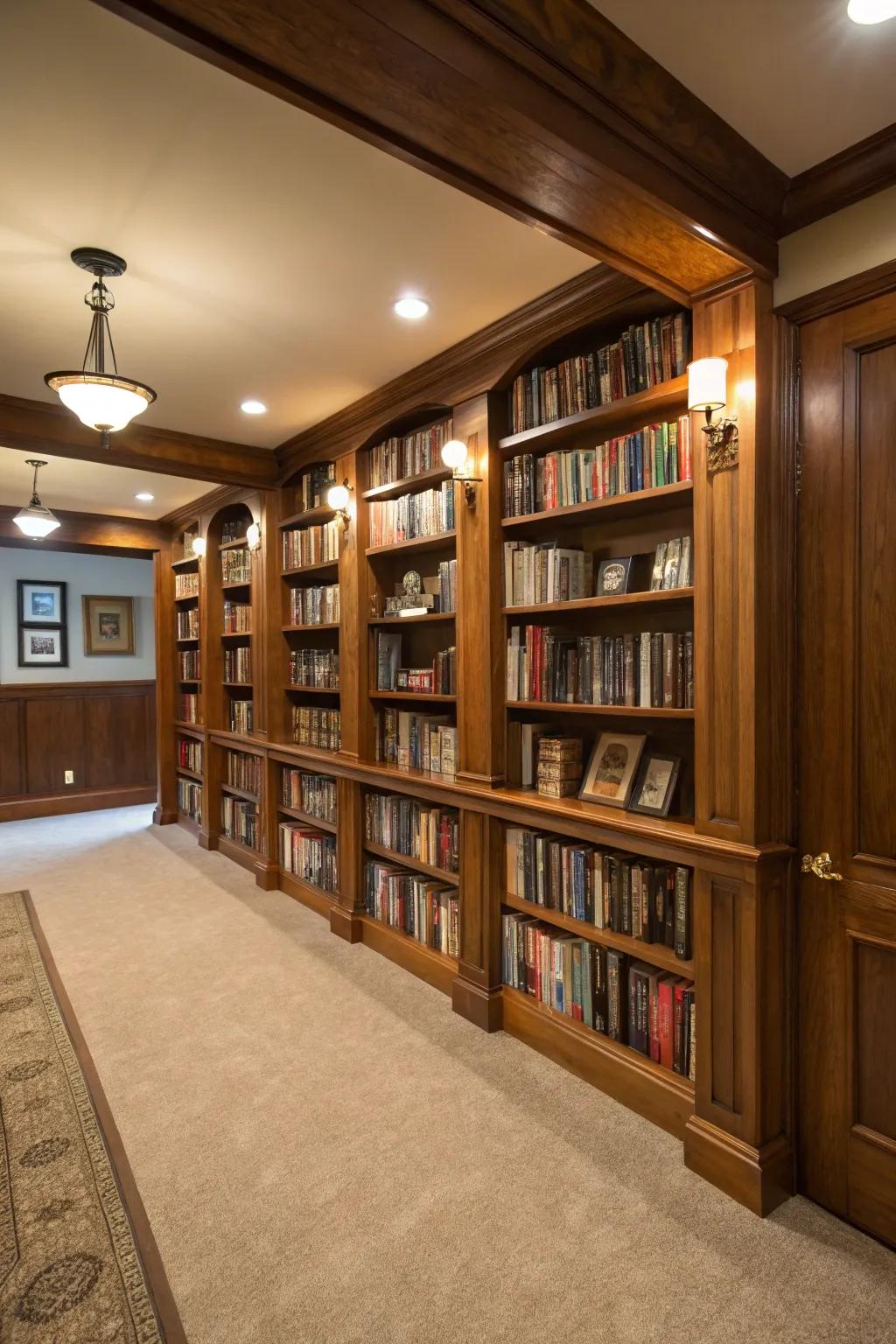 A stylish home library in the basement with warm woods and cozy reading spots.