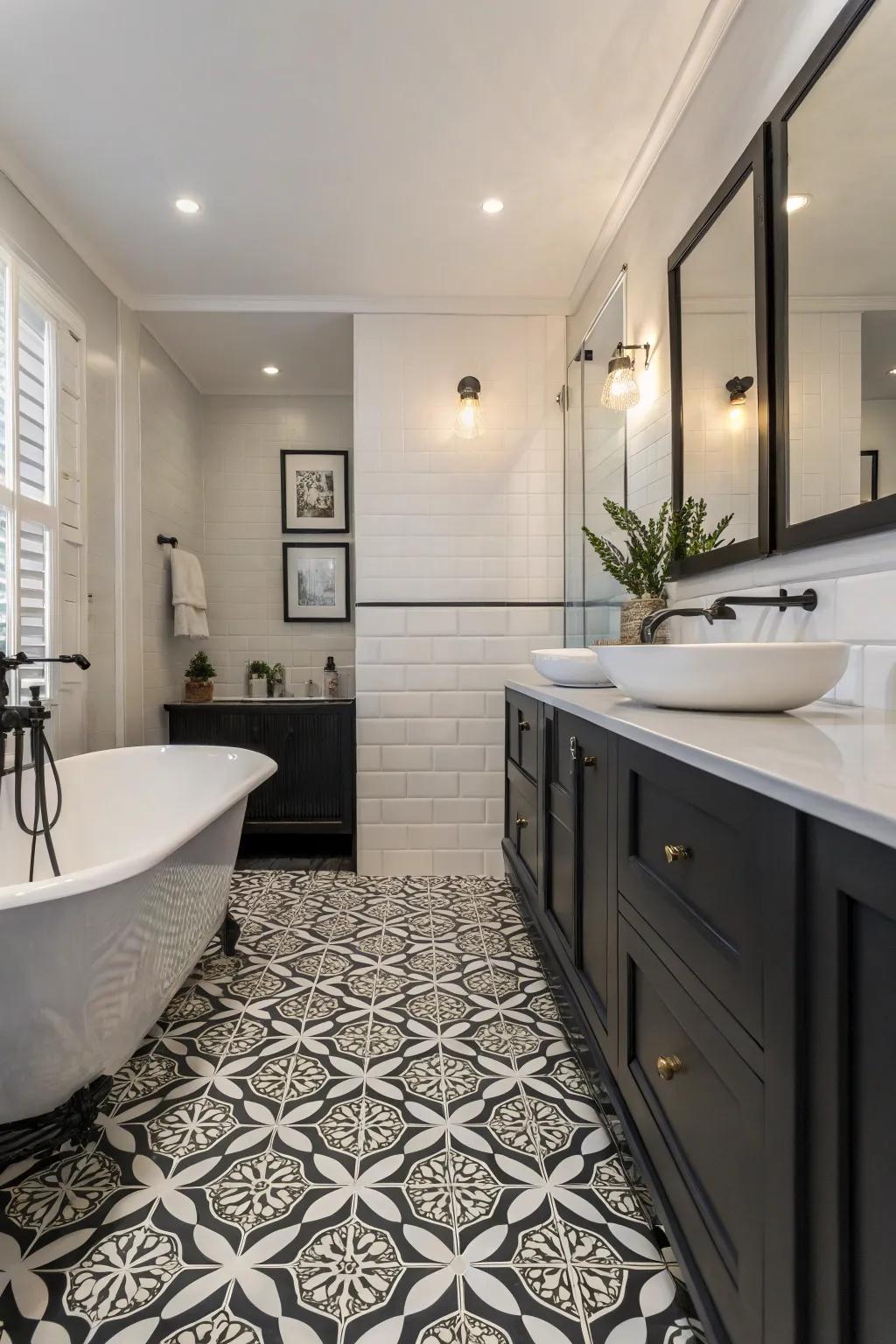 Monochrome vinyl flooring adds timeless sophistication to this elegant bathroom.