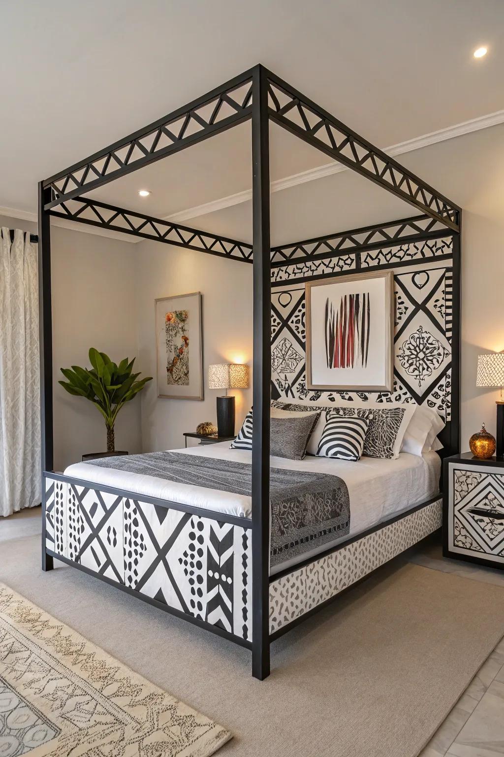 A geometric bed frame adds a modern and artistic twist.