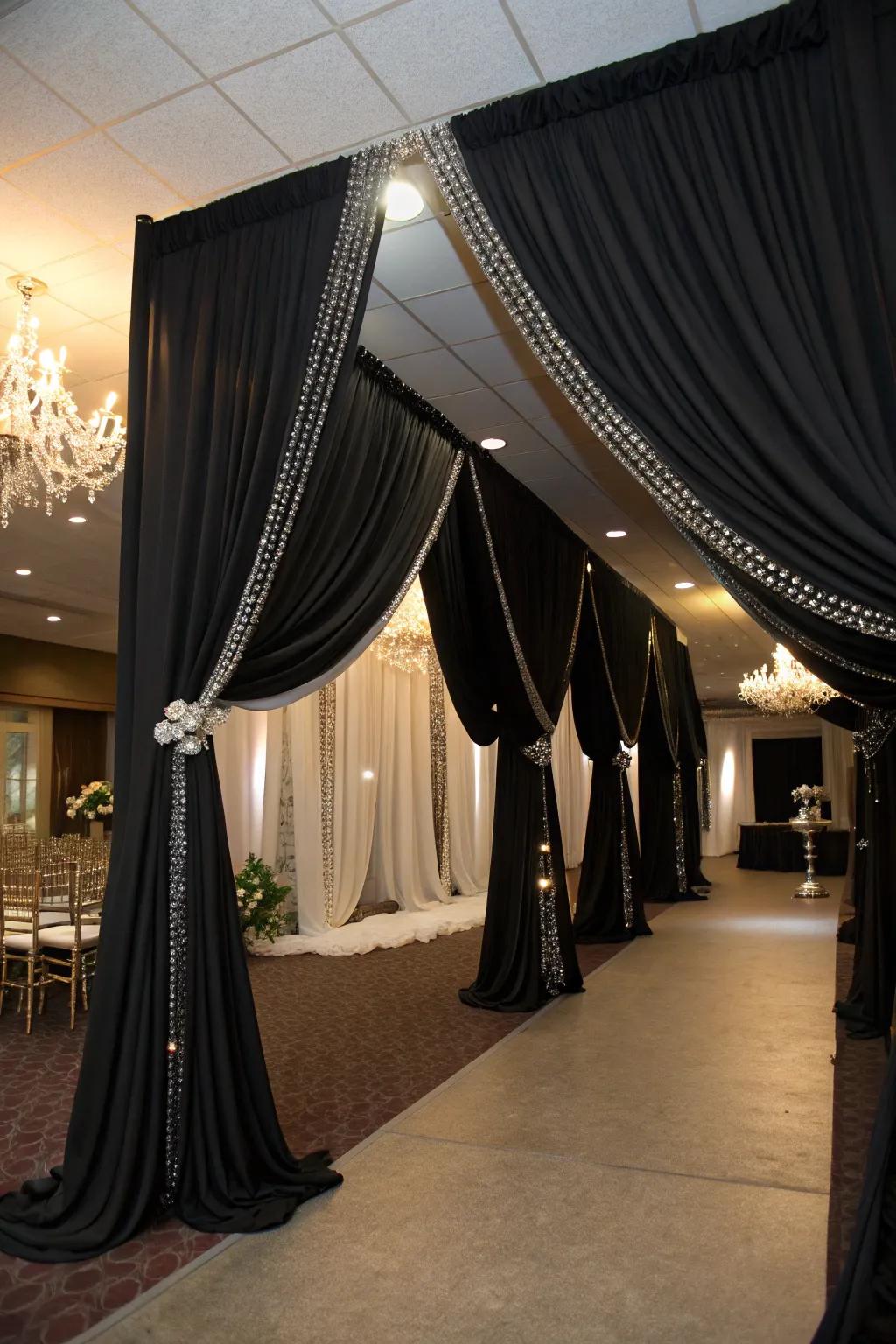 Dramatic drapery in black and silver.