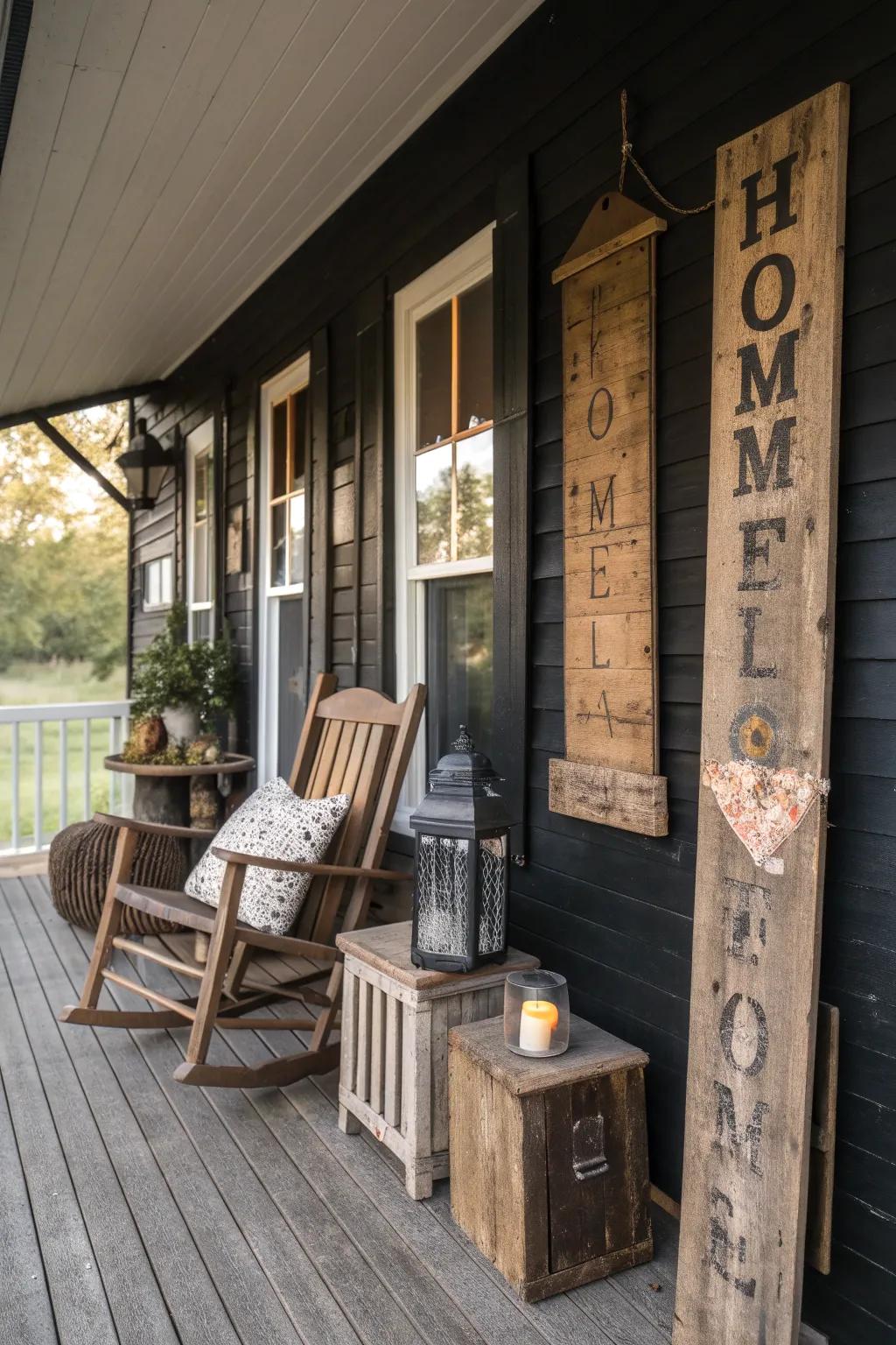 Rustic wooden signs and furniture adding warmth to a black porch.