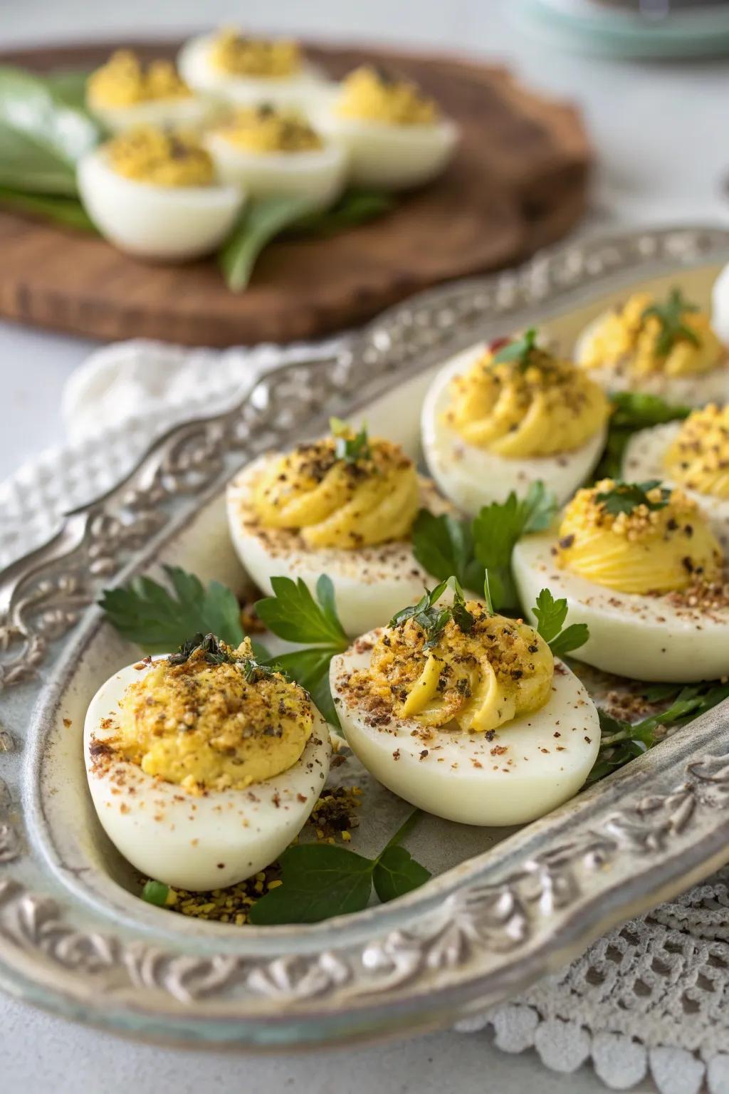 Bee-themed filled eggs for a unique twist.